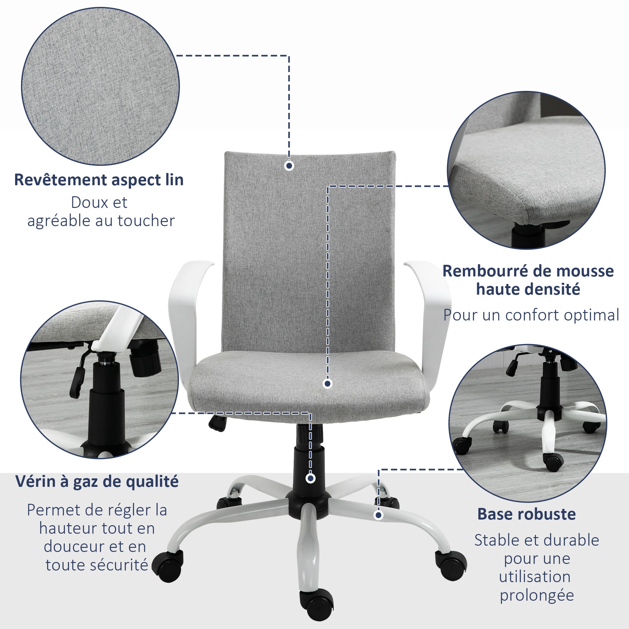 Office Chair with Adjustable Height, Rocking Function, Swivel Office Chair with 120 Kg Weight Capacity, 61 x 61 x 99 cm Light Gray and White