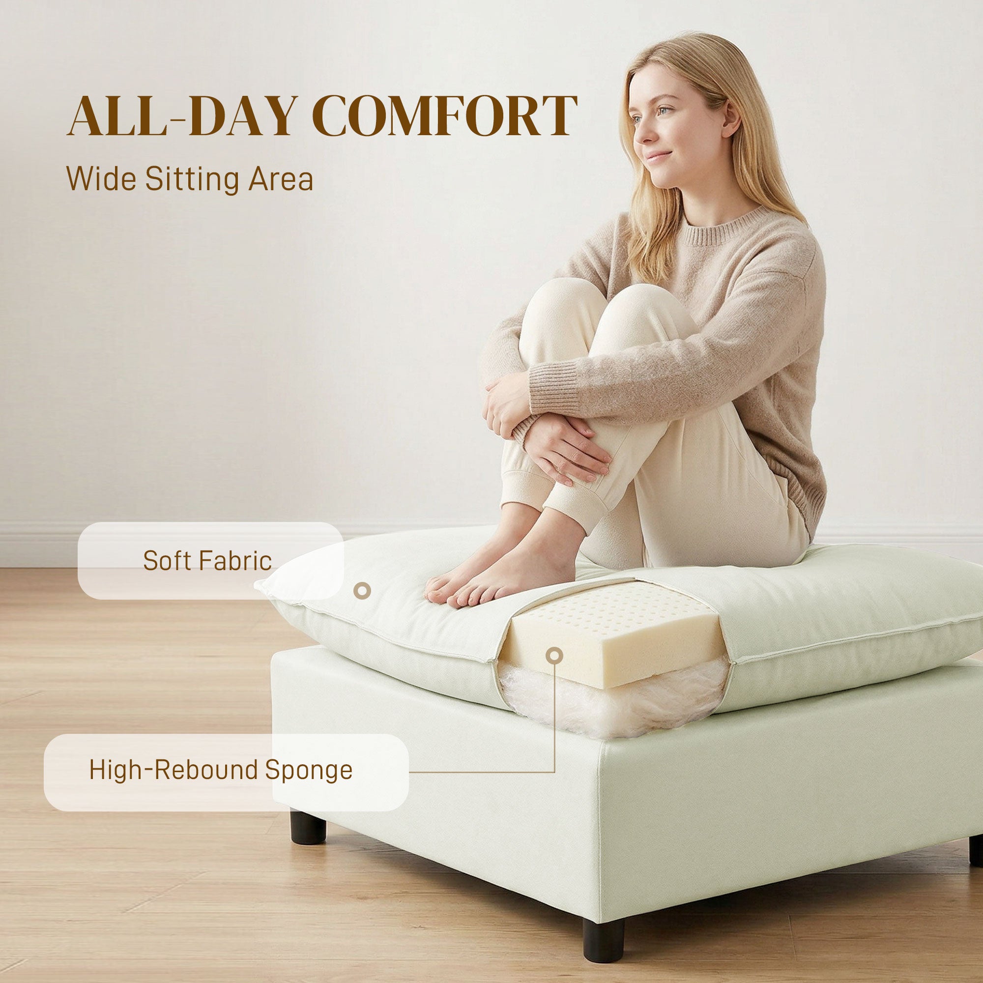 Modular Footstool with Soft Cushion — Square Linen-Effect Ottoman Pouf for Bedroom & Living Room, Cream White