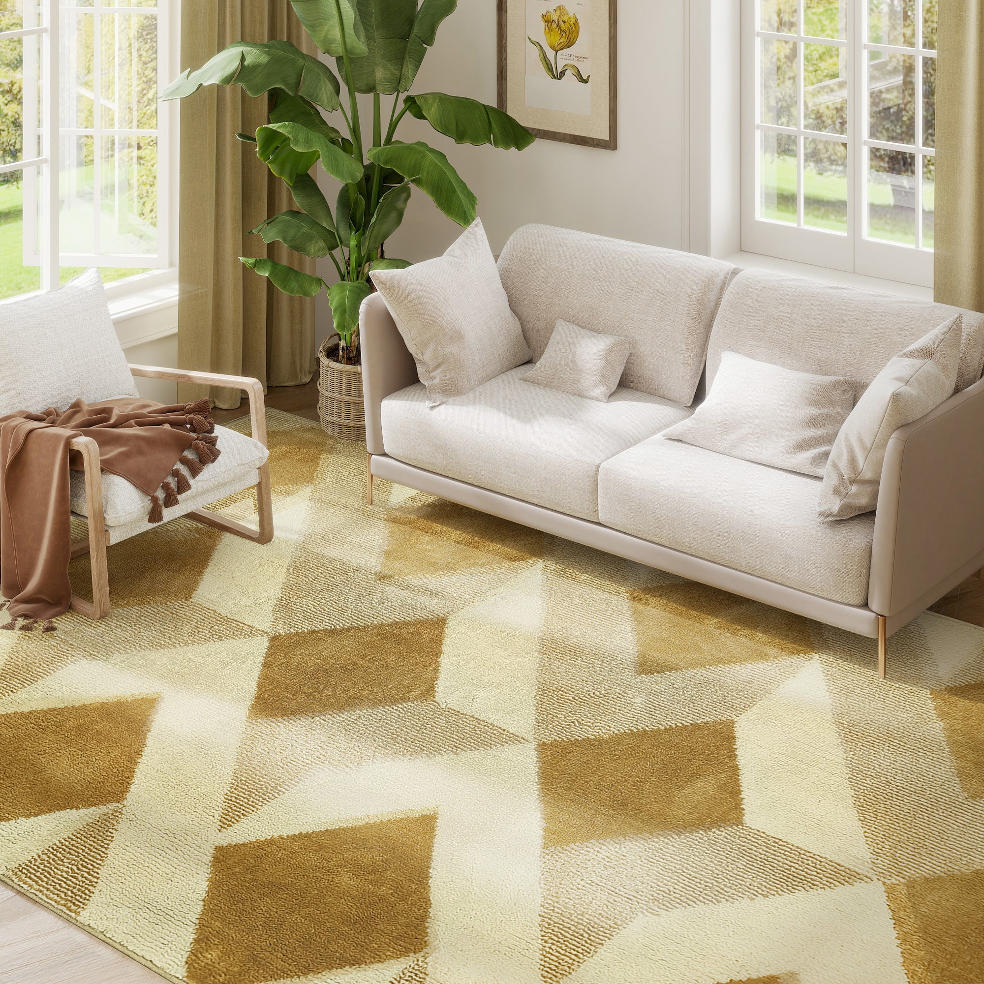 Living Room Rug 230 x 160 cm Short-Pile Rug, Machine Washable, Hypoallergenic, for Living Room, Bedroom, Office, Yellow