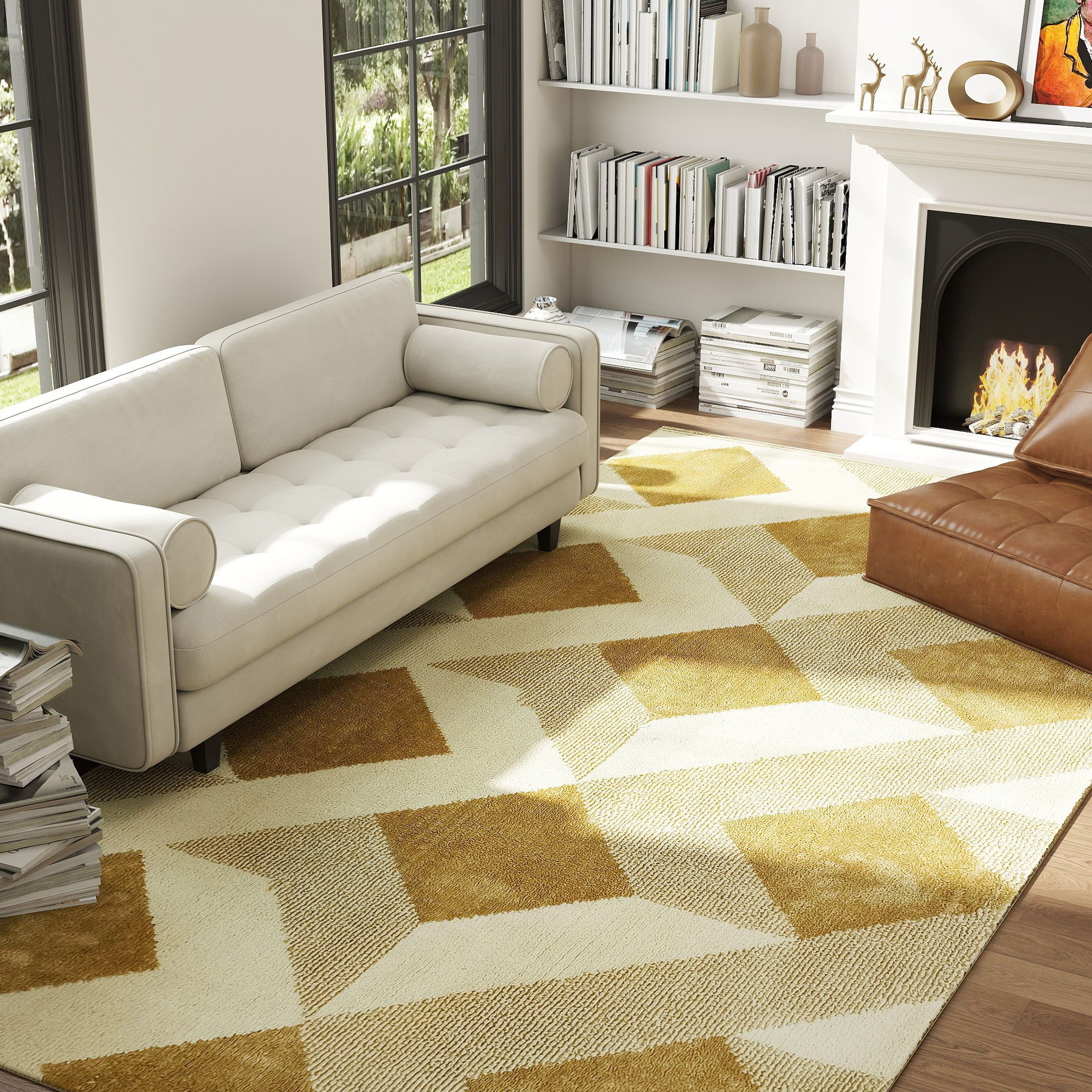 Living Room Rug 230 x 160 cm Short-Pile Rug, Machine Washable, Hypoallergenic, for Living Room, Bedroom, Office, Yellow