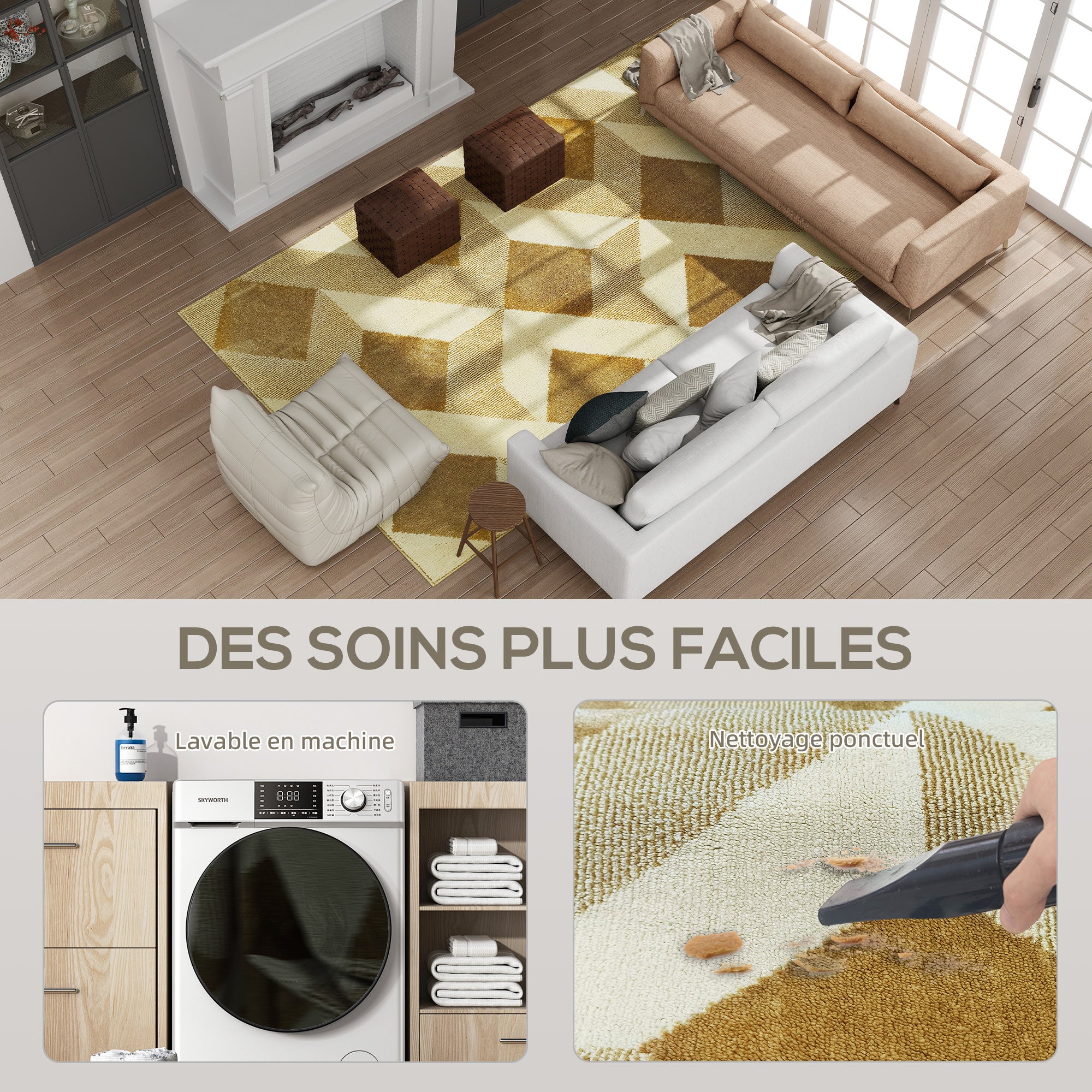 Living Room Rug 230 x 160 cm Short-Pile Rug, Machine Washable, Hypoallergenic, for Living Room, Bedroom, Office, Yellow