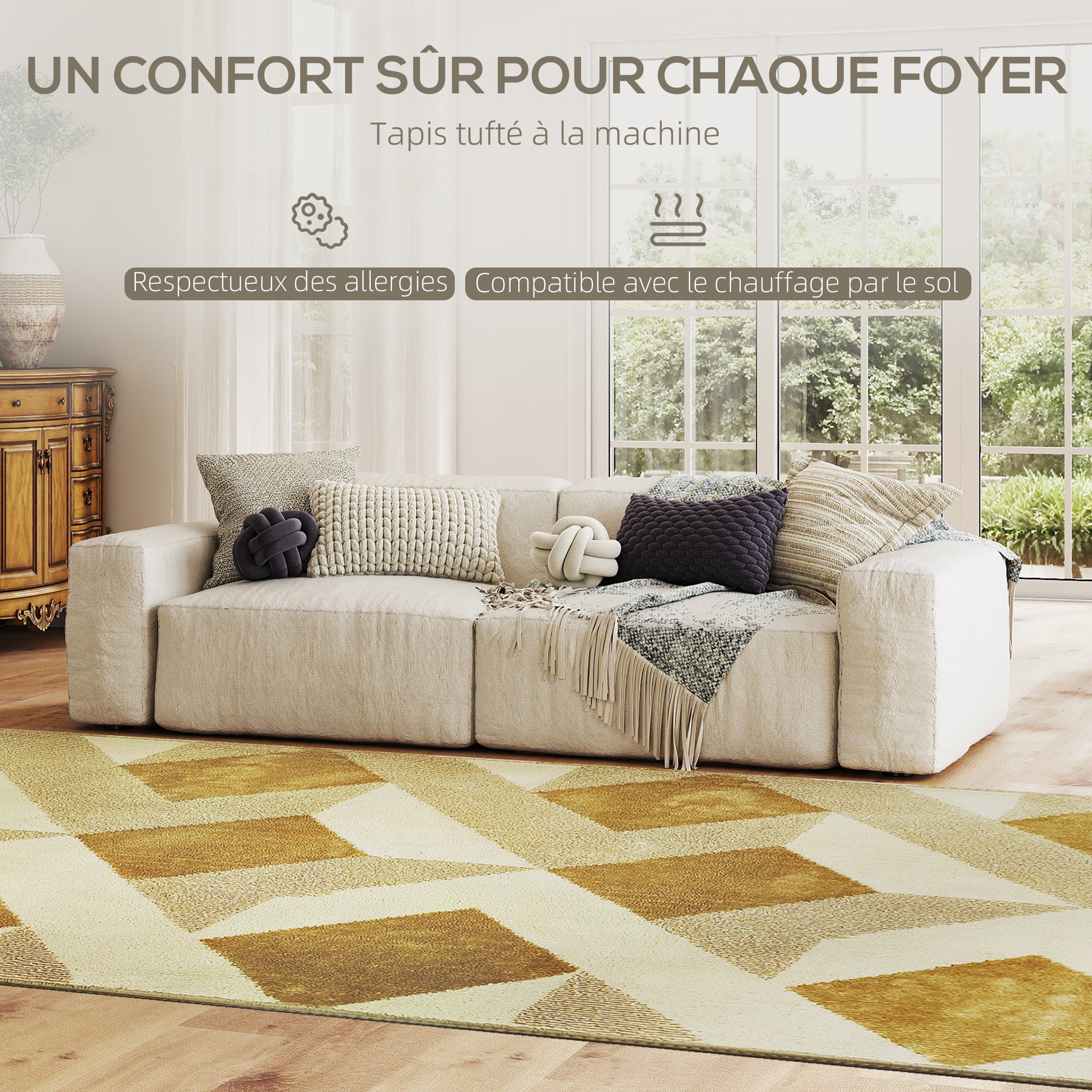 Living Room Rug 230 x 160 cm Short-Pile Rug, Machine Washable, Hypoallergenic, for Living Room, Bedroom, Office, Yellow