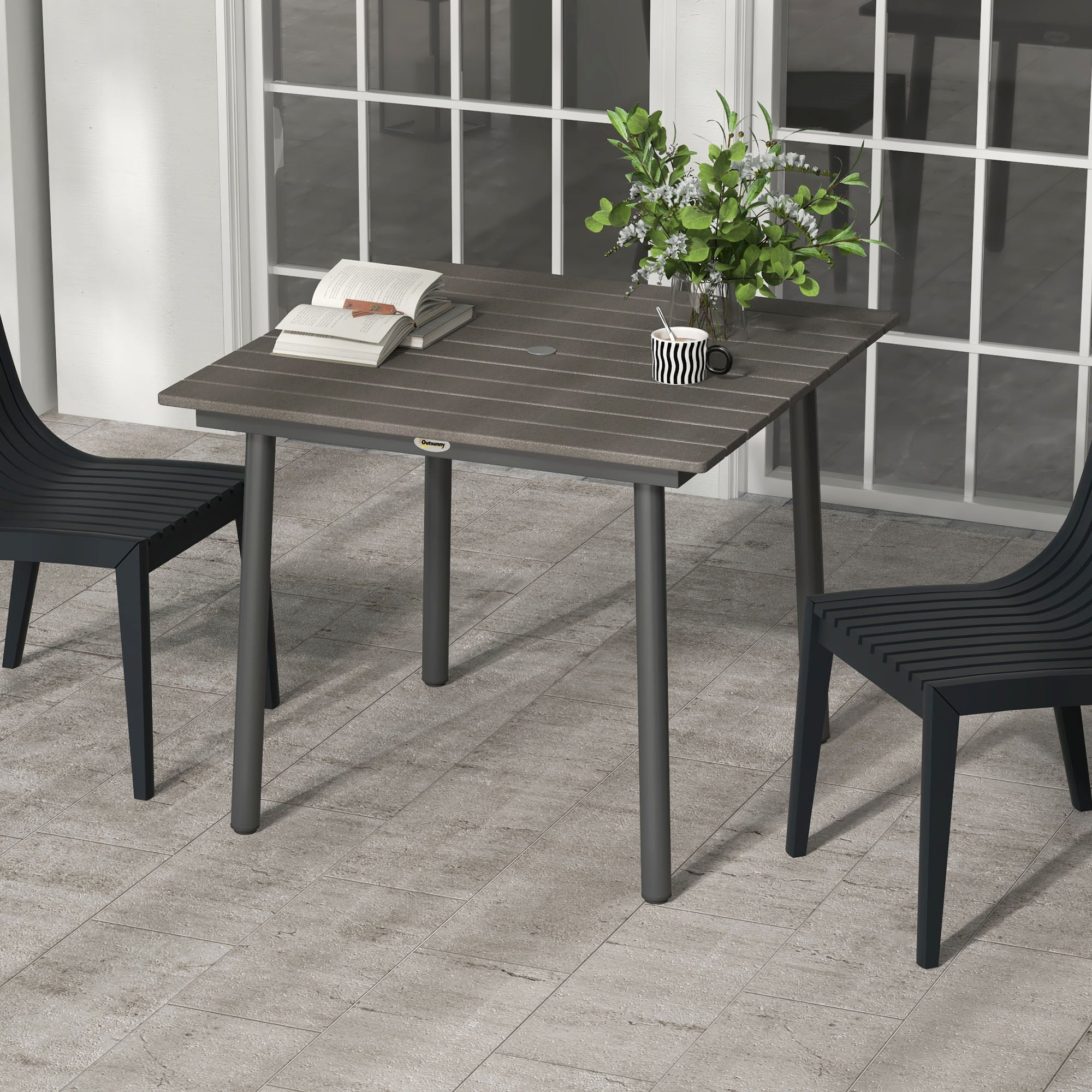 Garden Table, Dining Table for 4 People, with Umbrella Hole, Patio Table Slatted for Lawn, Balcony, HDPE, Dark Gray, 90 x 90 x 75 cm