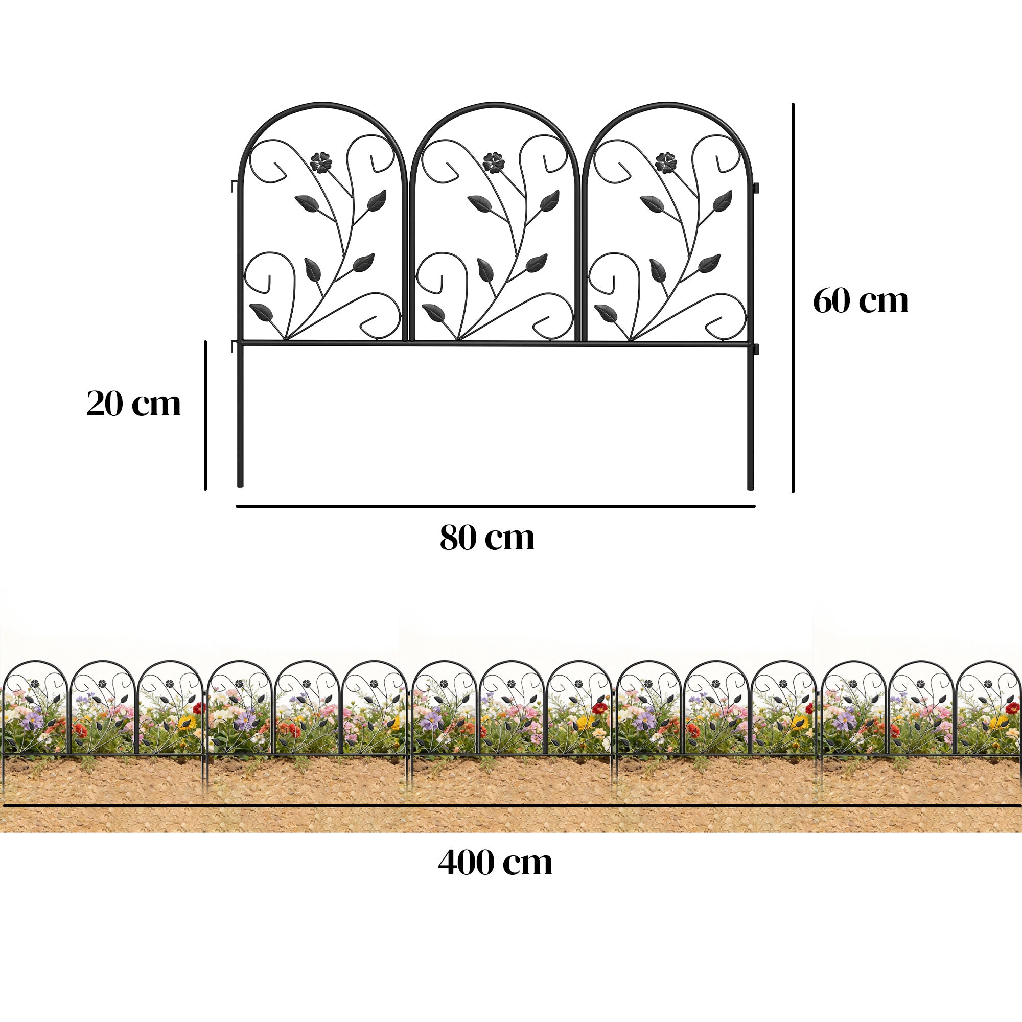 Metal Garden Fence Panel Set, 31.5 x 23.6 in Each (13.1 ft Total) – Decorative Arched Top Landscape & Pet Barrier, Black