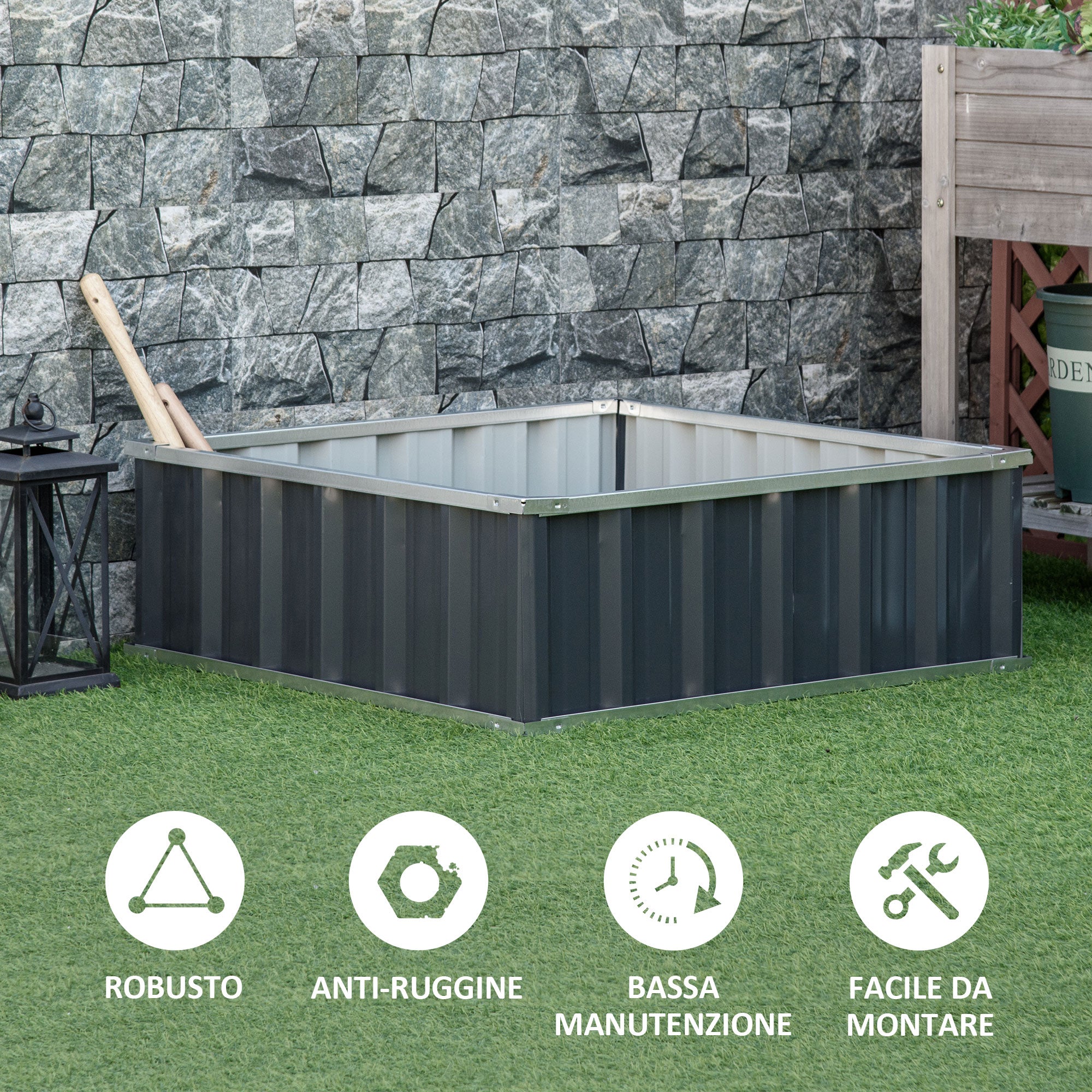 Raised Steel Garden Bed with Open Bottom, Tool-Free Assembly, Plant Holder for Vegetables, Herbs, and Flowers, 90x90x30 cm, Dark Grey