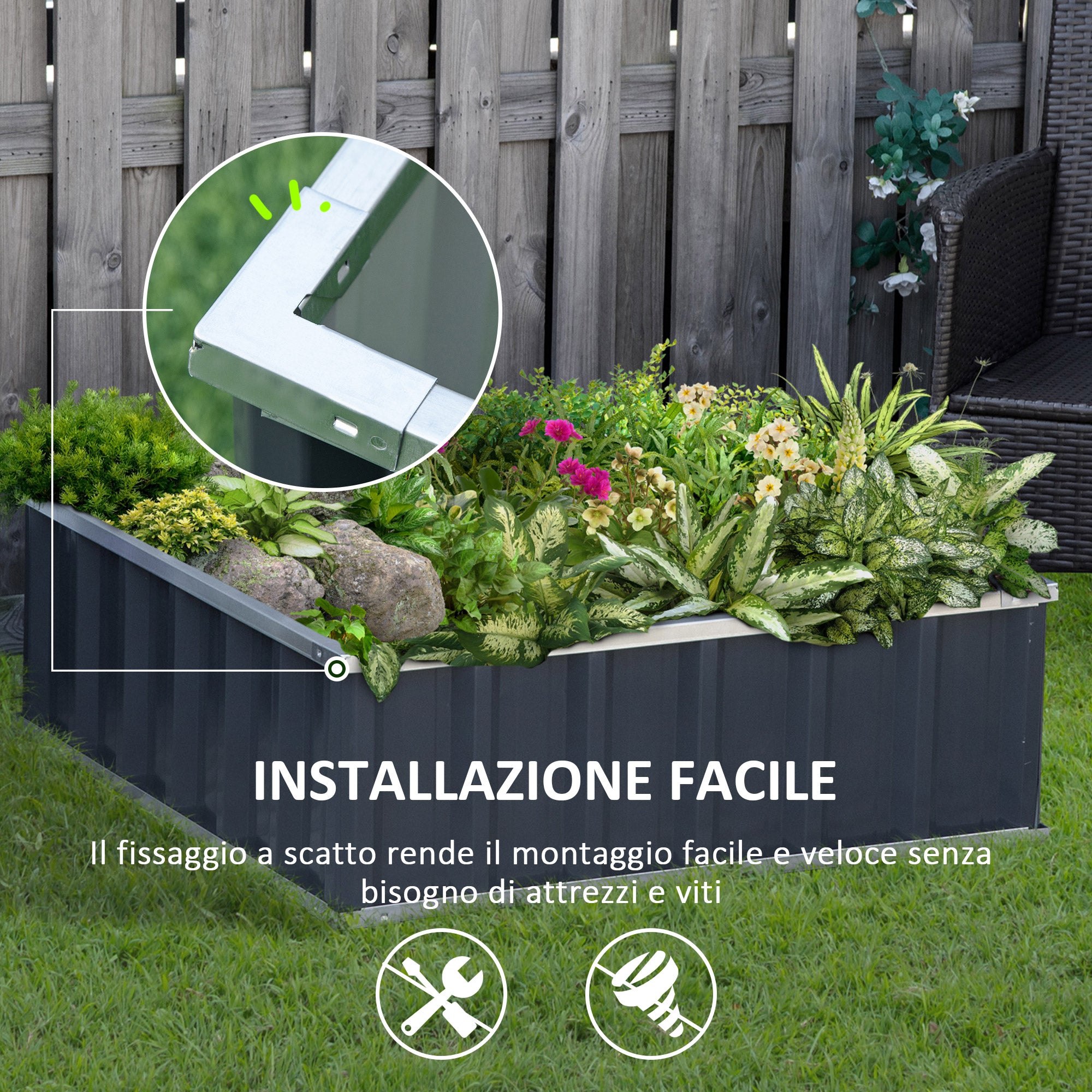 Raised Steel Garden Bed with Open Bottom, Tool-Free Assembly, Plant Holder for Vegetables, Herbs, and Flowers, 90x90x30 cm, Dark Grey