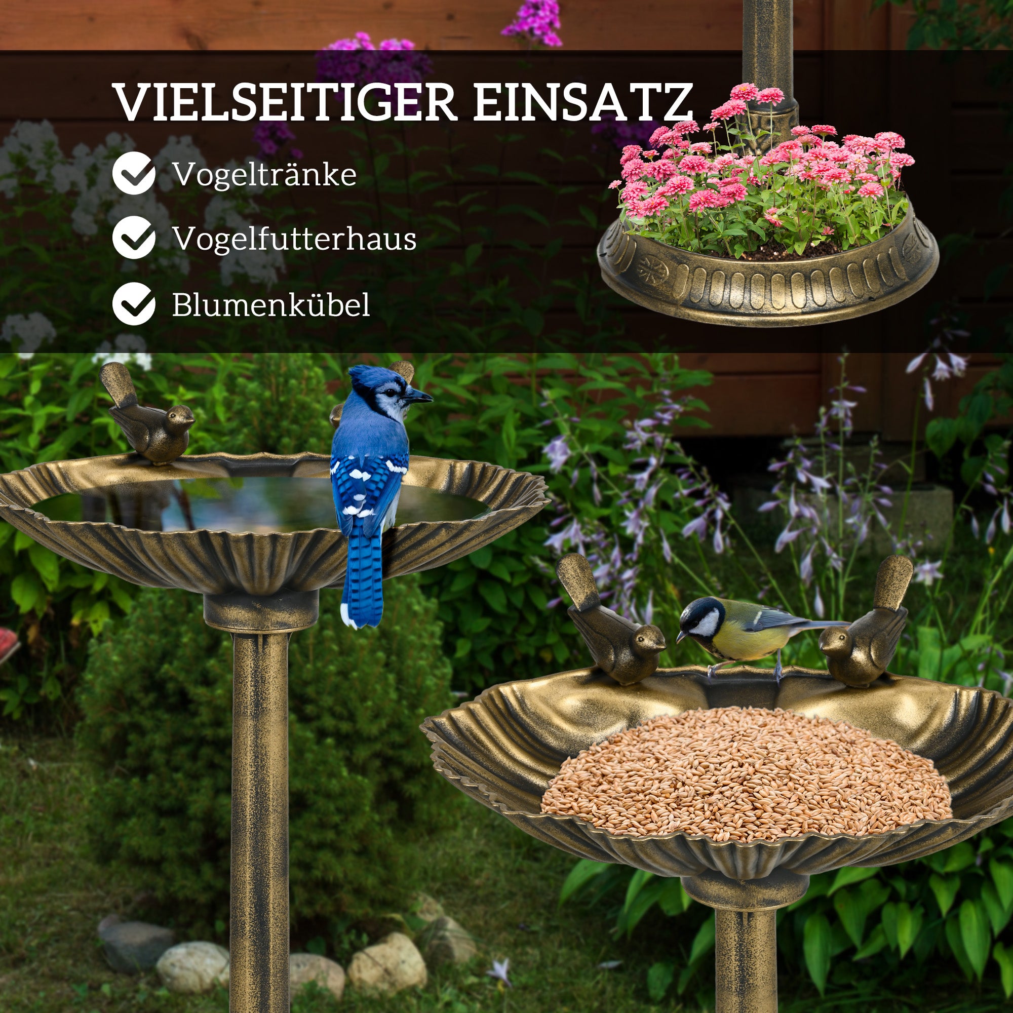 Standing Bird Bath, Plastic Bird Bath, Frost-Proof Bird Basin, Winter-Proof Watering Hole for Wild Birds, Water Bowl, Water Feature for Garden Patio Balcony 49.5 x 38 x 81 cm, Bronze