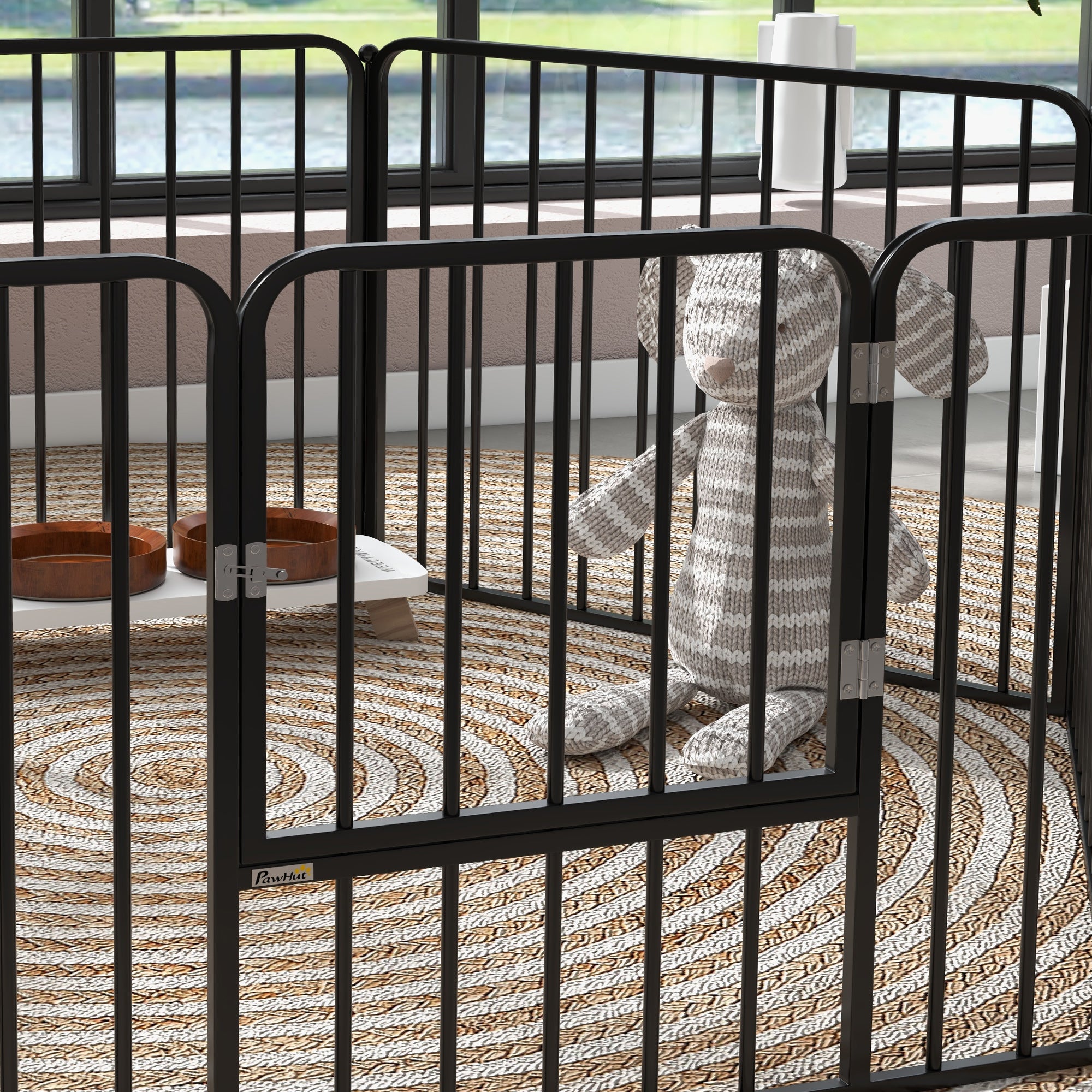 Medium and Small Dog Pen with 6 Modular Panels for Indoor and Outdoor, Steel Dog Gate with 7 Stakes, 164x83x60 cm, Black