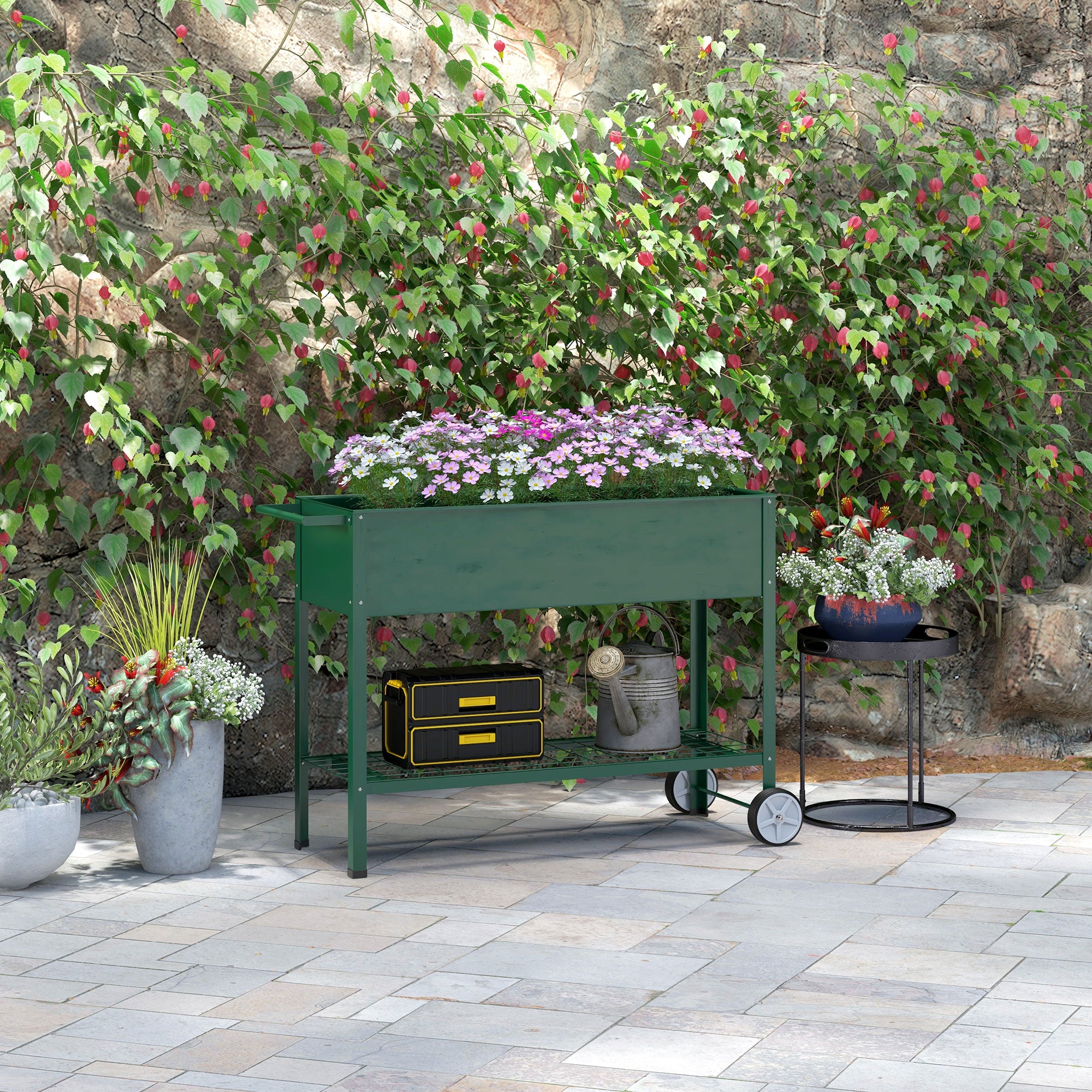 Raised Garden Bed 109x44x80 cm Elevated Urban Garden with 2 Wheels Shelf and Side Handle for Growing Plants Flowers Vegetables Green