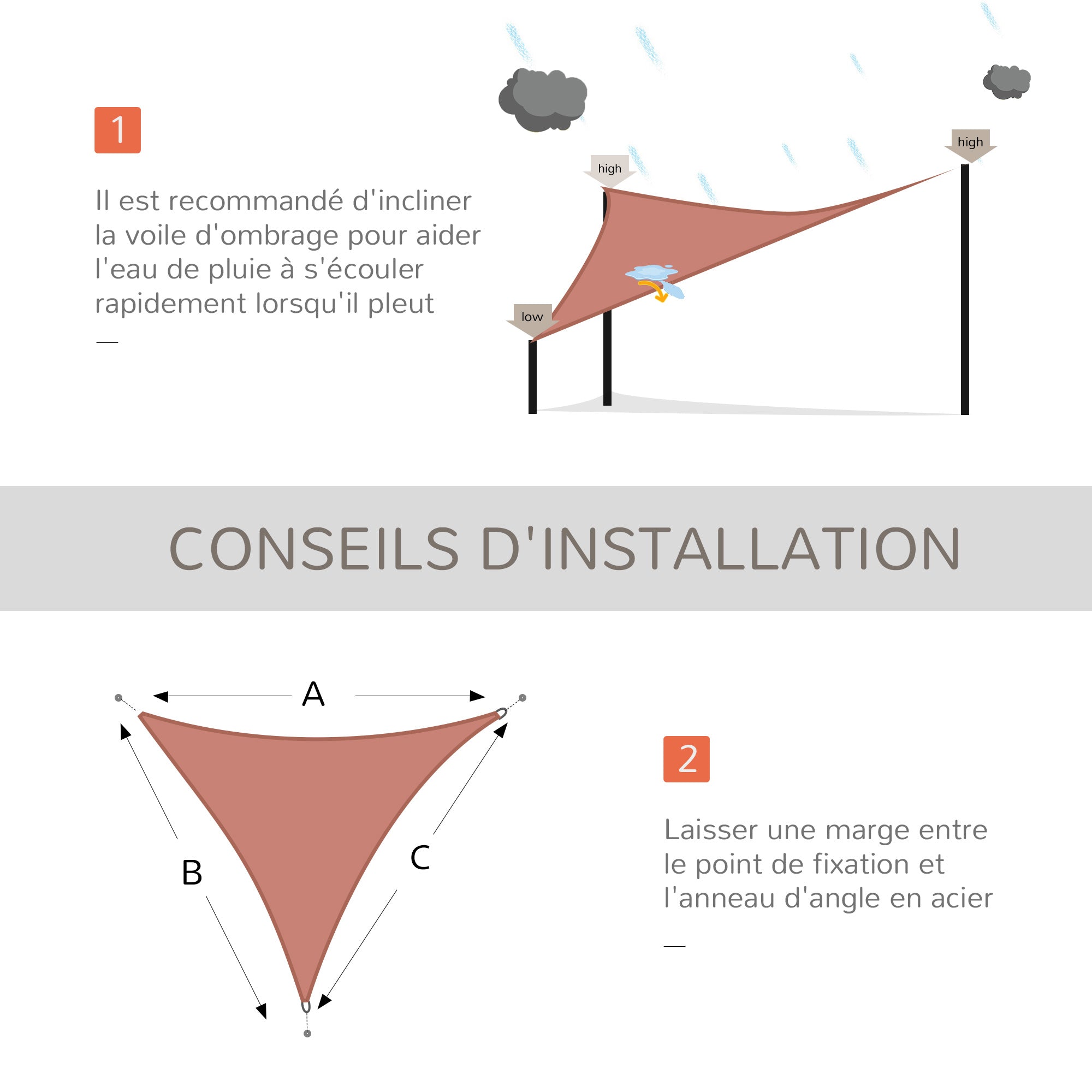 Large Triangular Sun Shade Sail 4 x 4 x 4 m High-density Polyethylene UV Resistant Rusty Red Color