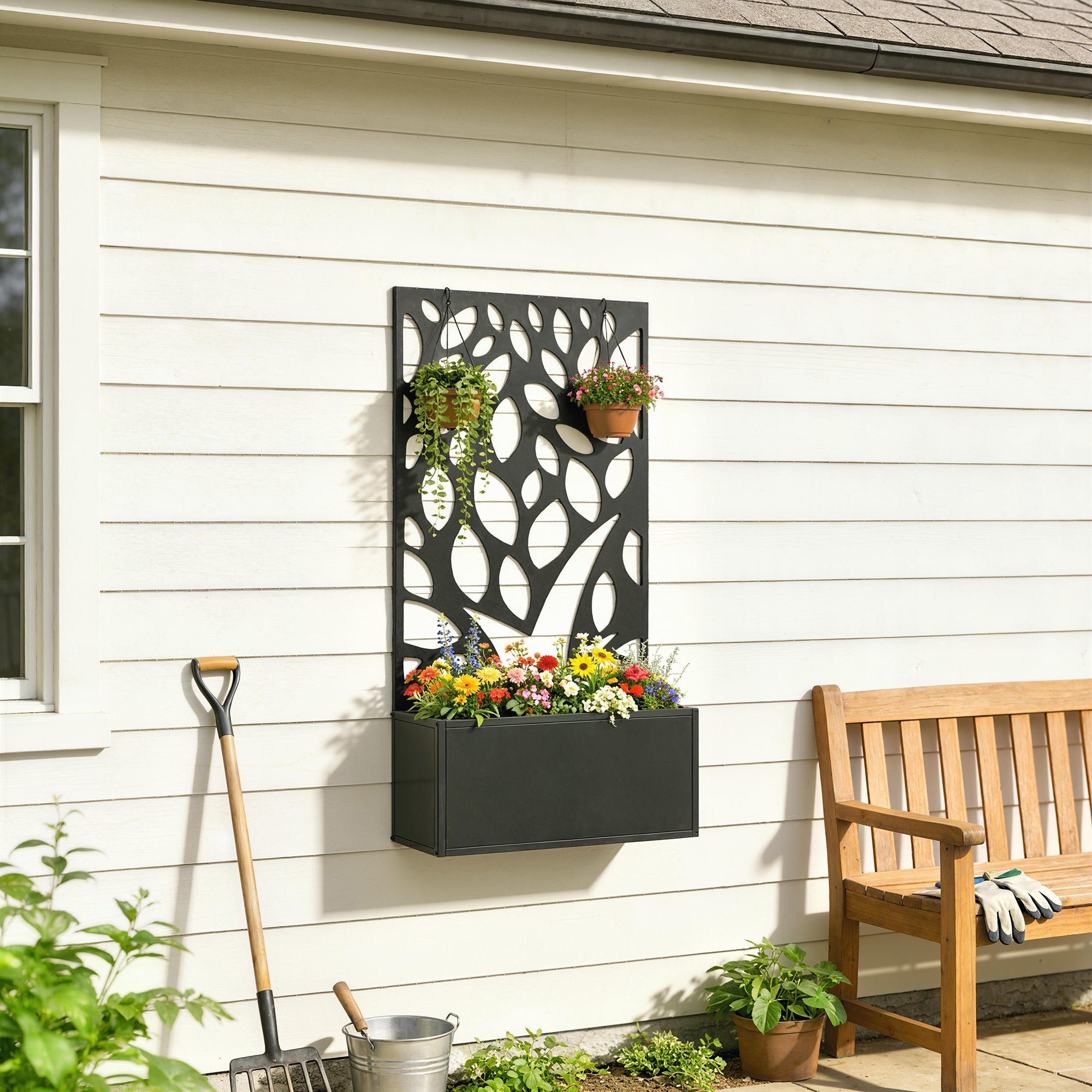 Elevated Metal Planter with Privacy Panel & Trellis, 61 x 23 x 113 cm (24 x 9.1 x 44.5 in)