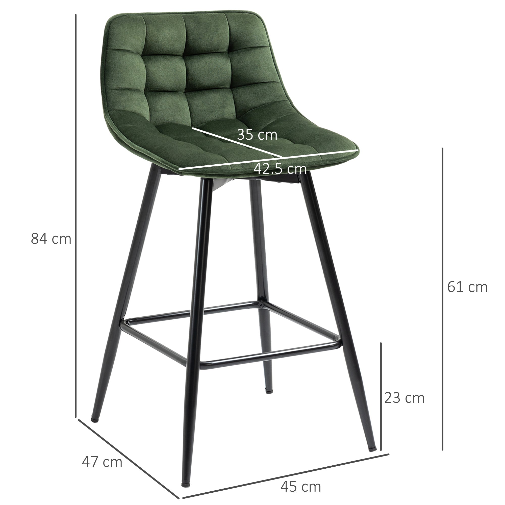Set of 2 High Stools in Nordic Style with Backrest and Footrest, Stools with Velvet Effect Fabric and Metal, 45x47x84 cm, Green