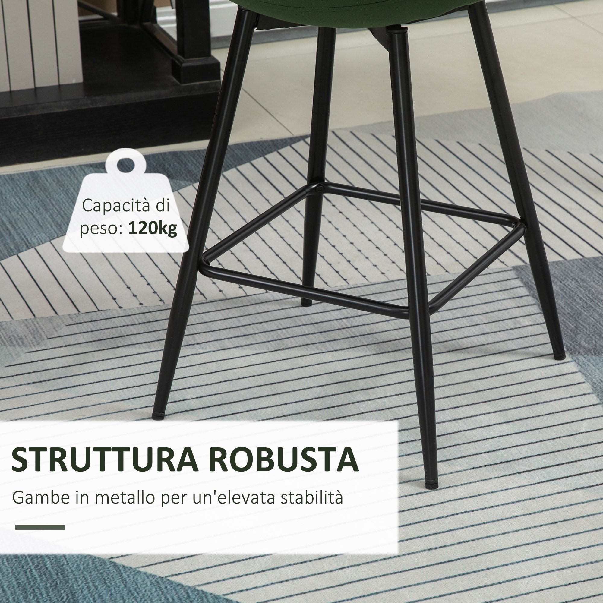 Set of 2 High Stools in Nordic Style with Backrest and Footrest, Stools with Velvet Effect Fabric and Metal, 45x47x84 cm, Green
