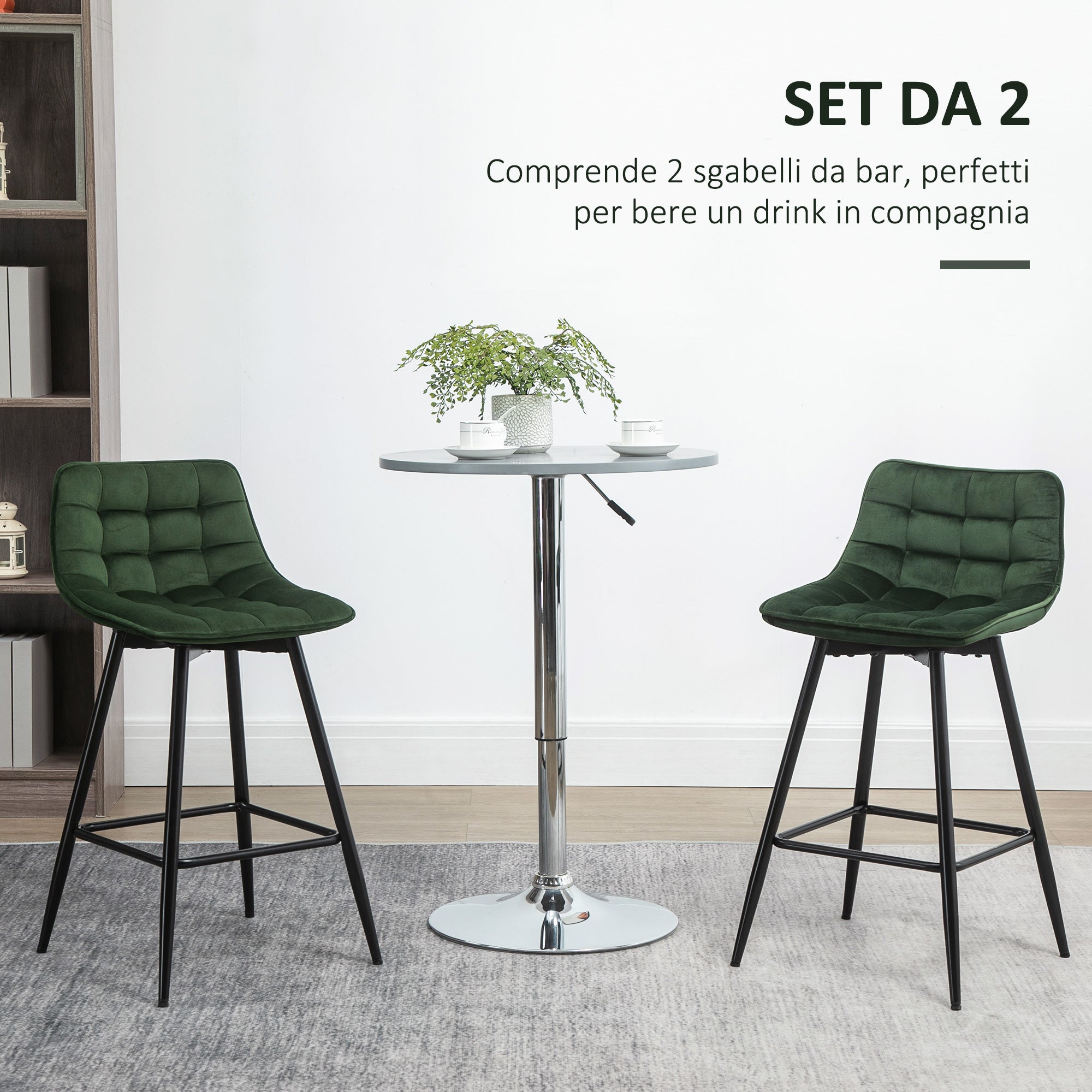 Set of 2 High Stools in Nordic Style with Backrest and Footrest, Stools with Velvet Effect Fabric and Metal, 45x47x84 cm, Green