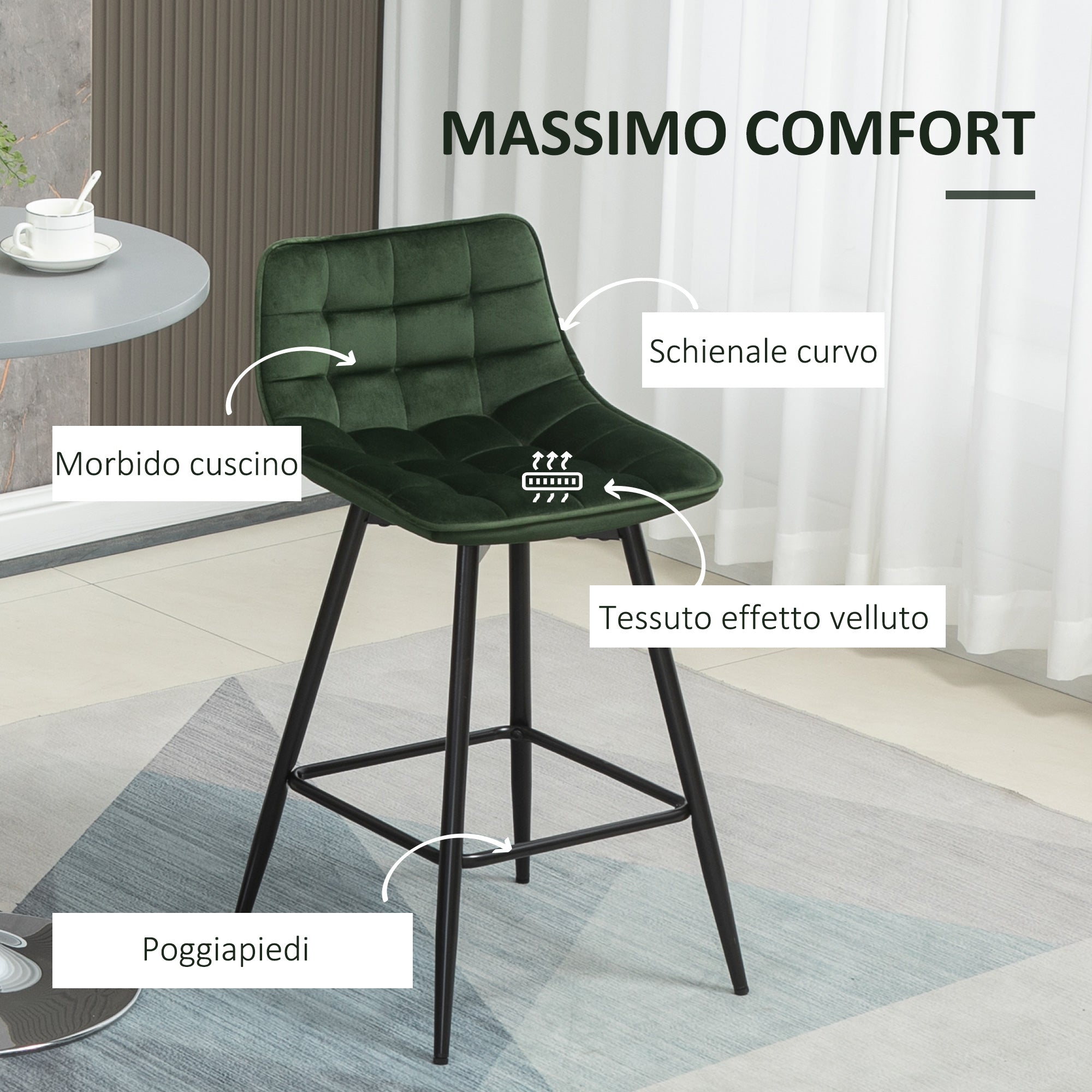 Set of 2 High Stools in Nordic Style with Backrest and Footrest, Stools with Velvet Effect Fabric and Metal, 45x47x84 cm, Green