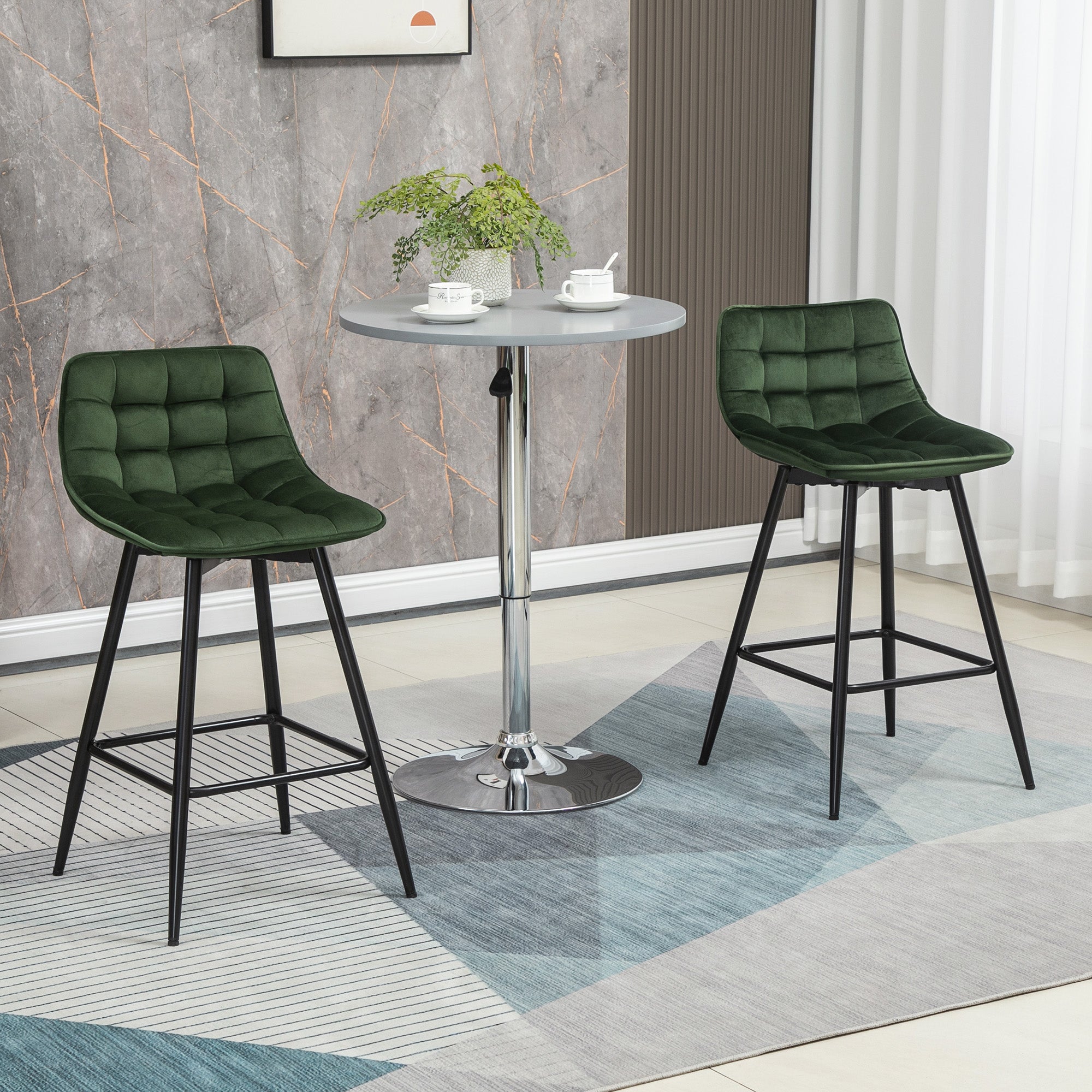 Set of 2 High Stools in Nordic Style with Backrest and Footrest, Stools with Velvet Effect Fabric and Metal, 45x47x84 cm, Green