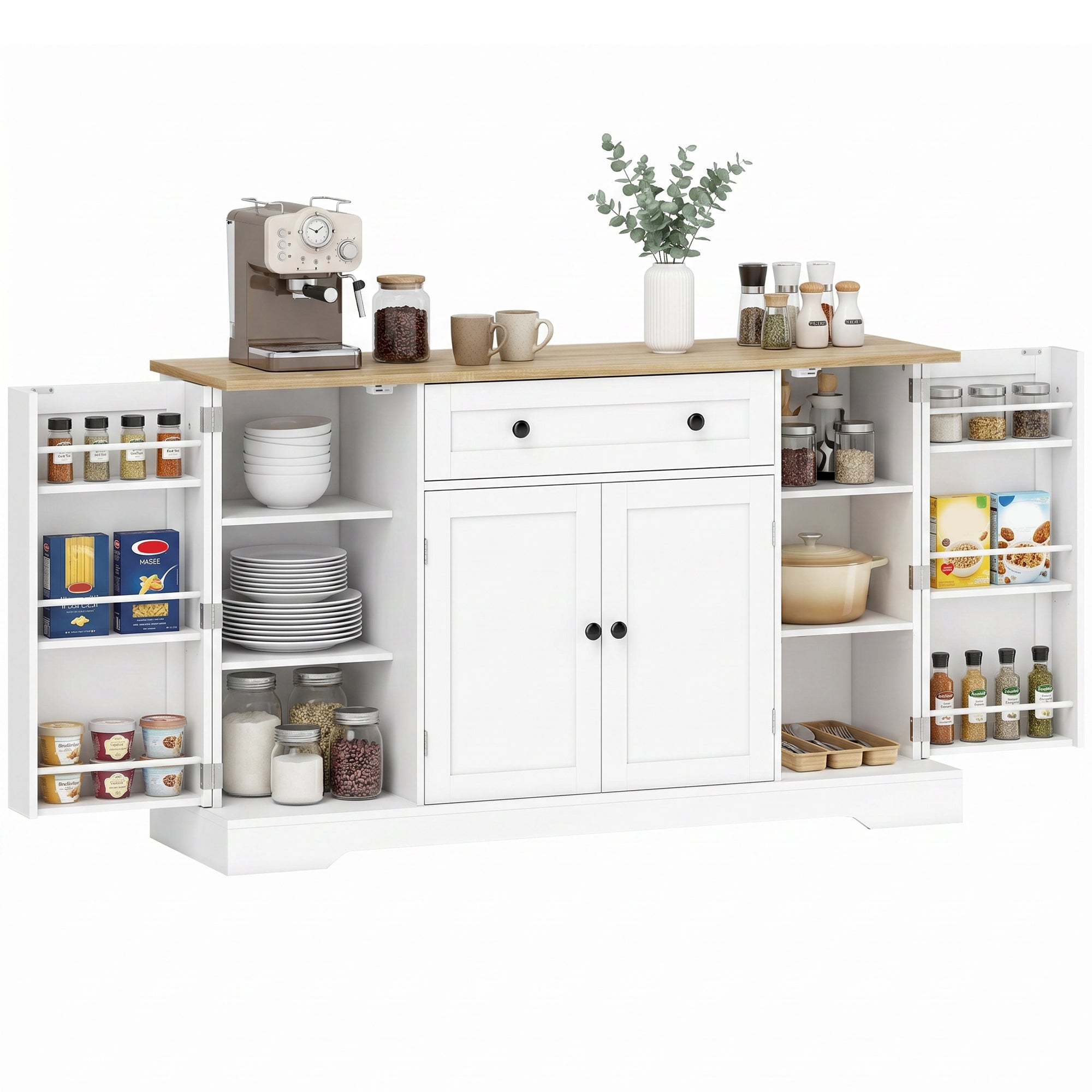 Sideboard Kitchen Cabinet with 4 Doors & Drawer, Adjustable Shelves, Door Racks Buffet Cabinet for Kitchen, Dining Room, Living Room, 138 x 40 x 85 cm (54.3" x 15.7" x 33.5"), White