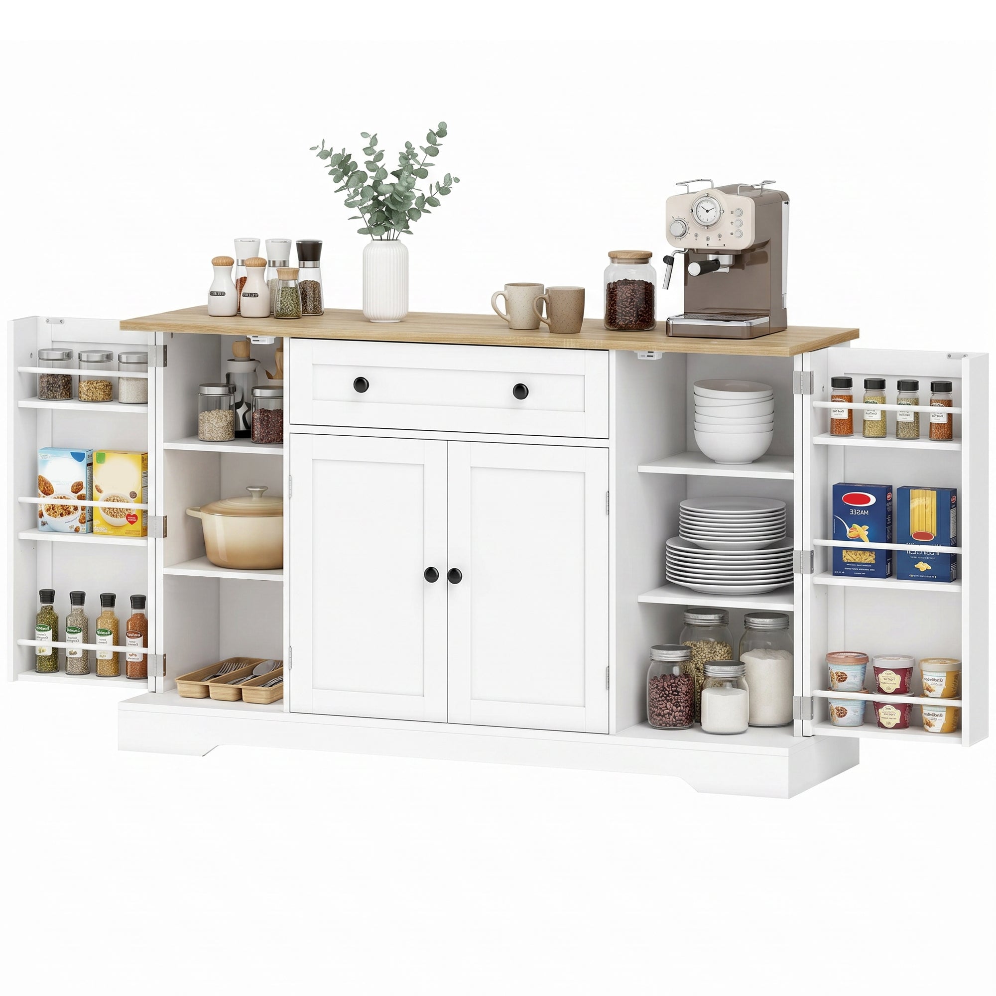 Sideboard Kitchen Cabinet with 4 Doors & Drawer, Adjustable Shelves, Door Racks Buffet Cabinet for Kitchen, Dining Room, Living Room, 138 x 40 x 85 cm (54.3" x 15.7" x 33.5"), White