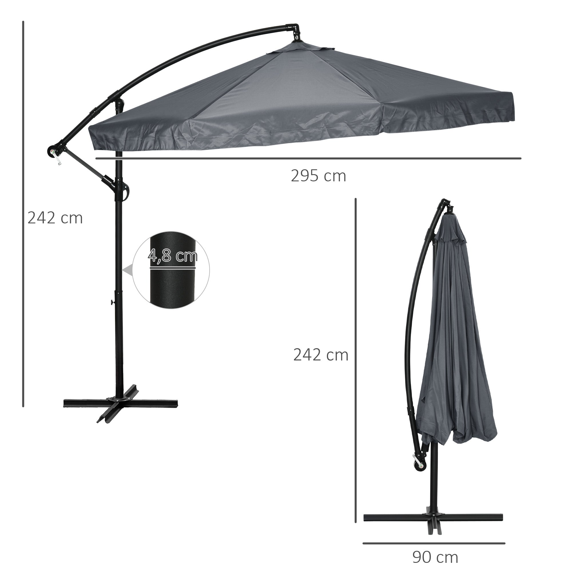 Cantilever Umbrella, 295 x 295cm Sun Umbrella with Hand Crank and Mosquito Net, 360° Rotating Garden Umbrella for 8 People, Market Umbrella for Balcony, Steel, Polyester Dark Gray
