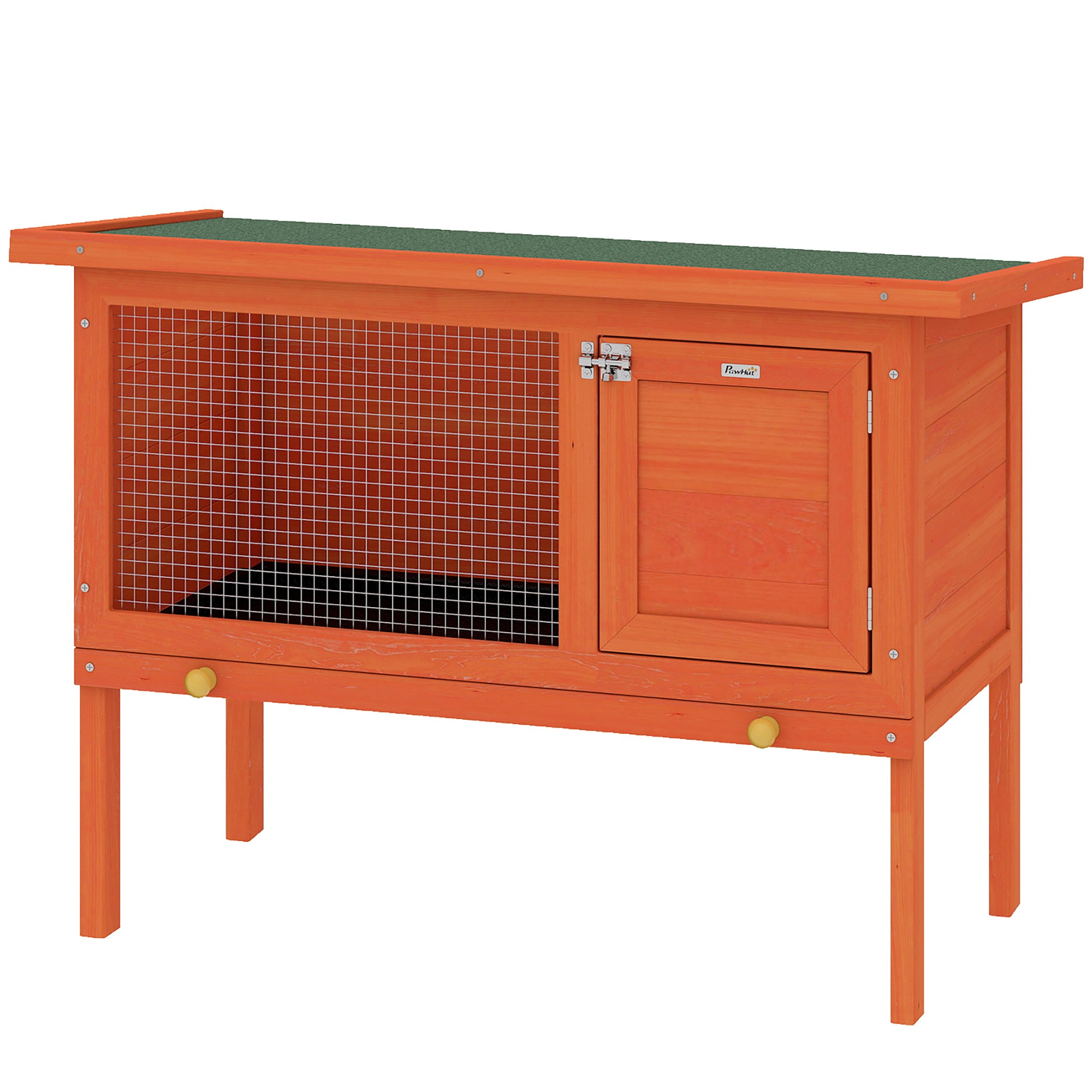 Wooden Rabbit Hutch 90 x 45 x 65 cm (35.4 x 17.7 x 25.6 in) – Elevated Outdoor Small Animal Hutch with Hinged Asphalt Roof, Pull-Out Tray, Door & Galvanized Wire, Orange