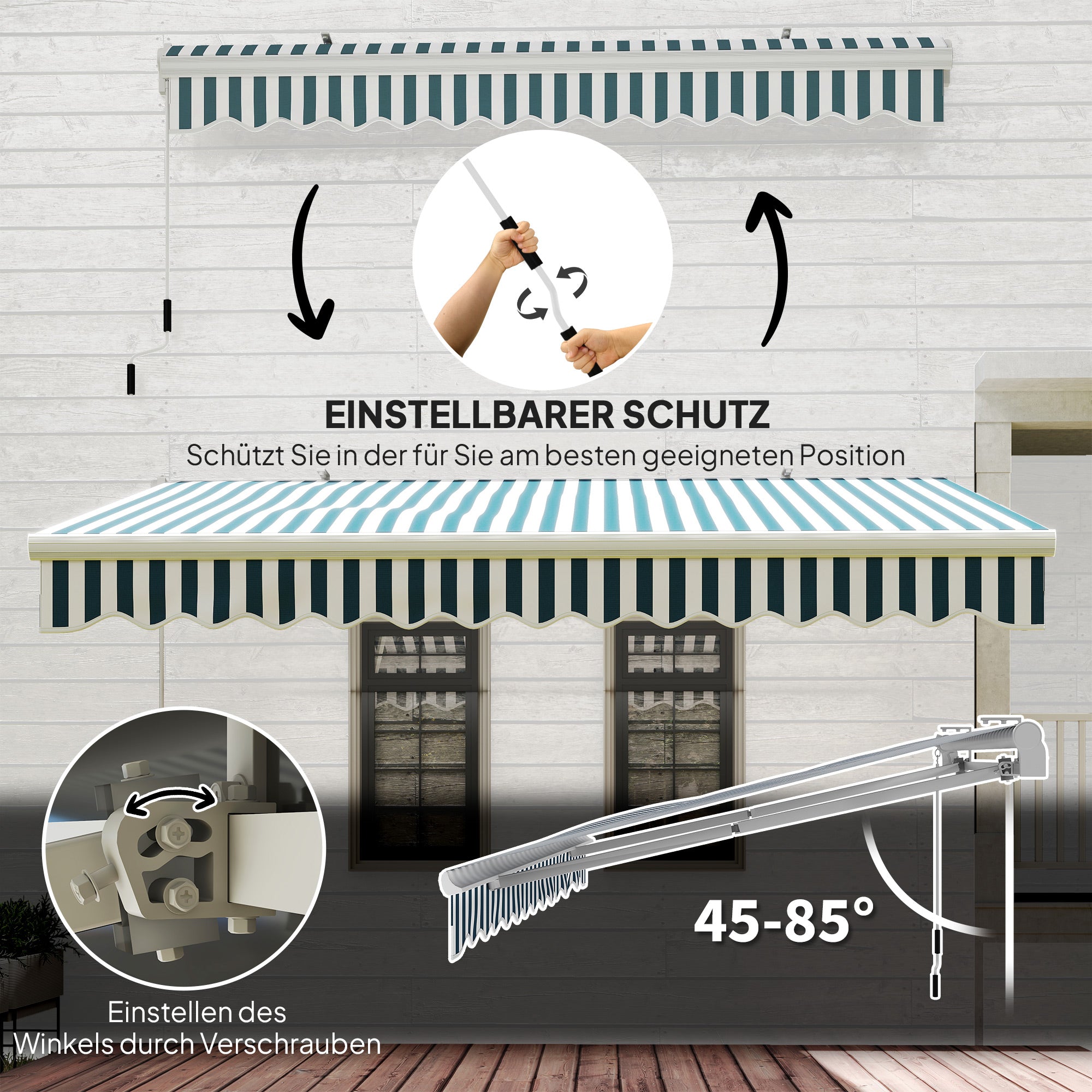 Manual Retractable Folding Arm Awning 3.95m with Hand Crank Balcony Awning Sun Protection Wall Mount Balcony Alu White+Green 395 x 245 cm