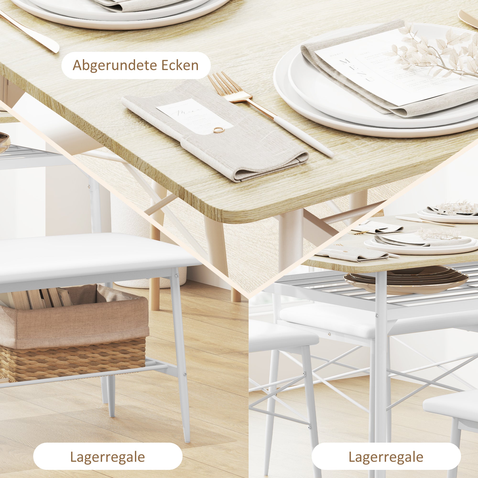 Dining Set Dining Table with Bench and 2 Chairs Space-Saving Kitchen Table Set with Storage for 4 People Dining Group for Dining Room, Kitchen, Oak