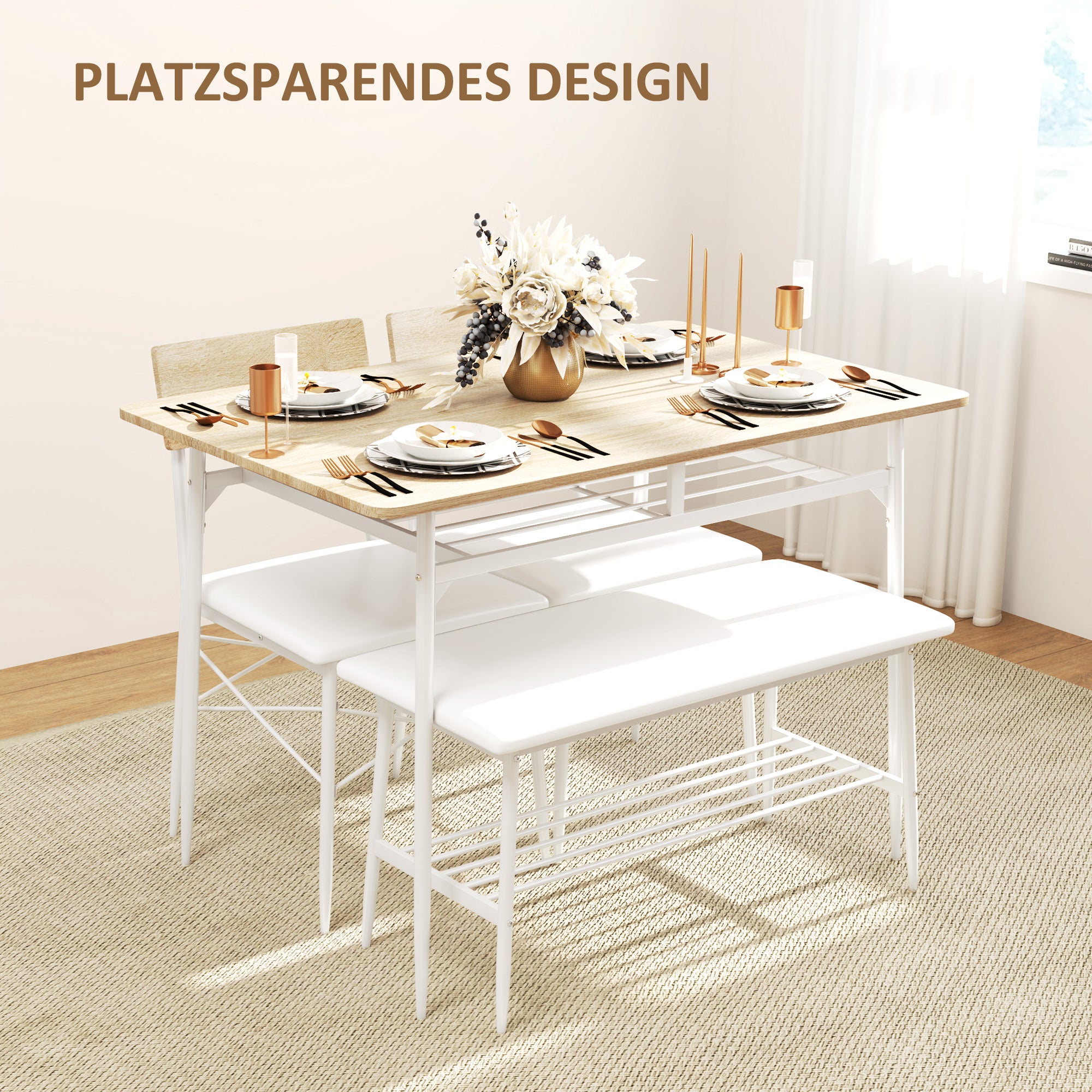 Dining Set Dining Table with Bench and 2 Chairs Space-Saving Kitchen Table Set with Storage for 4 People Dining Group for Dining Room, Kitchen, Oak