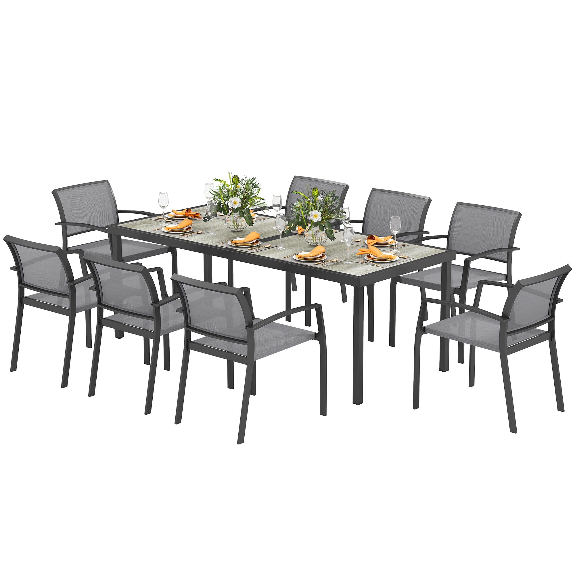 Garden Table Set with 9-Piece Chairs, Dining Set with PSPC Table Top, 8 Stackable Outdoor Chairs with Arms, Steel and Textilene Terrace Furniture Set, Gray