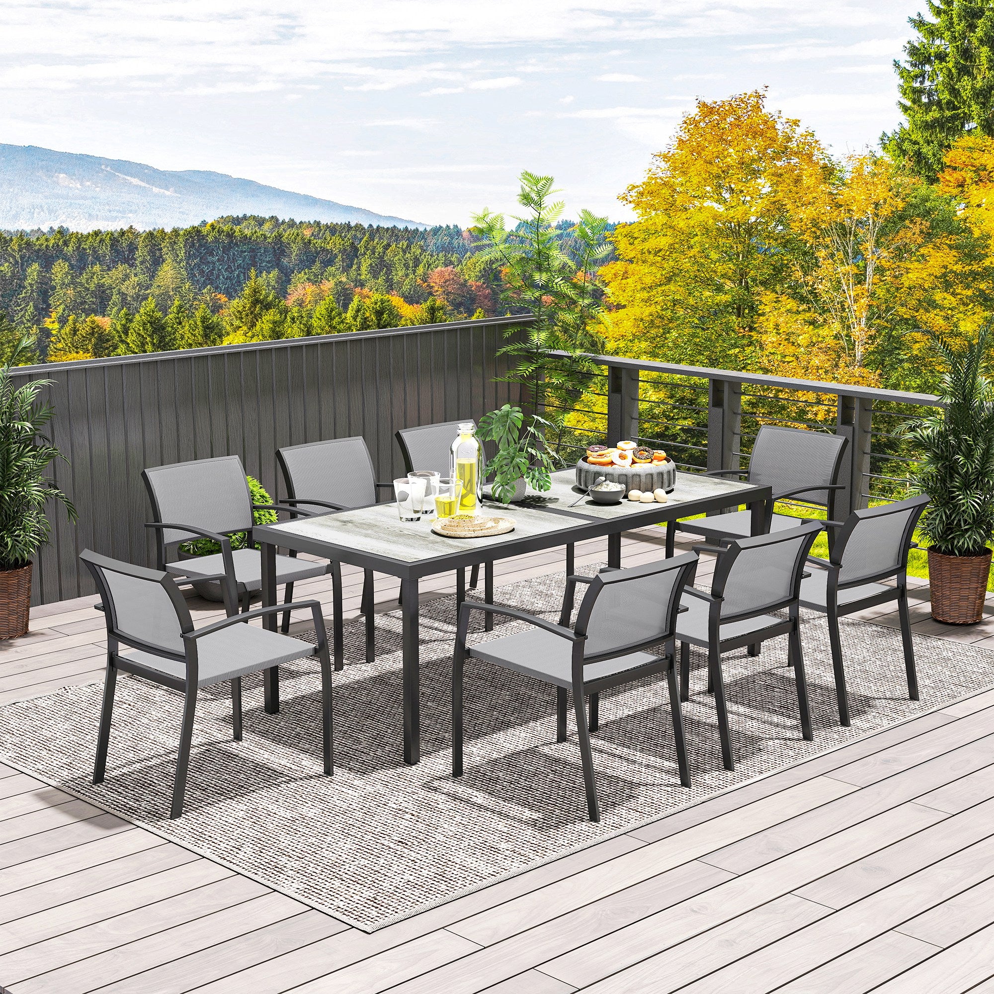 Garden Table Set with 9-Piece Chairs, Dining Set with PSPC Table Top, 8 Stackable Outdoor Chairs with Arms, Steel and Textilene Terrace Furniture Set, Gray