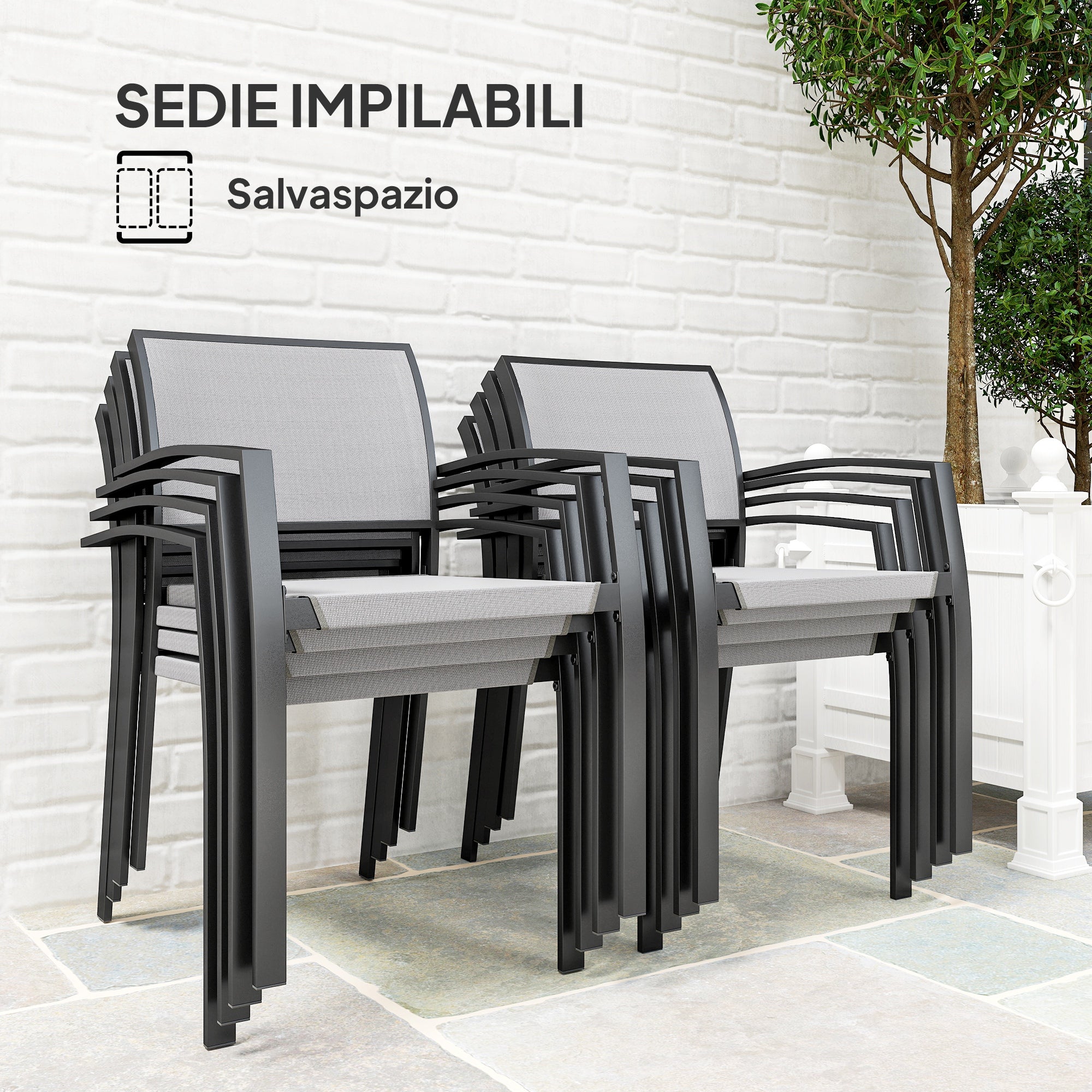 Garden Table Set with 9-Piece Chairs, Dining Set with PSPC Table Top, 8 Stackable Outdoor Chairs with Arms, Steel and Textilene Terrace Furniture Set, Gray