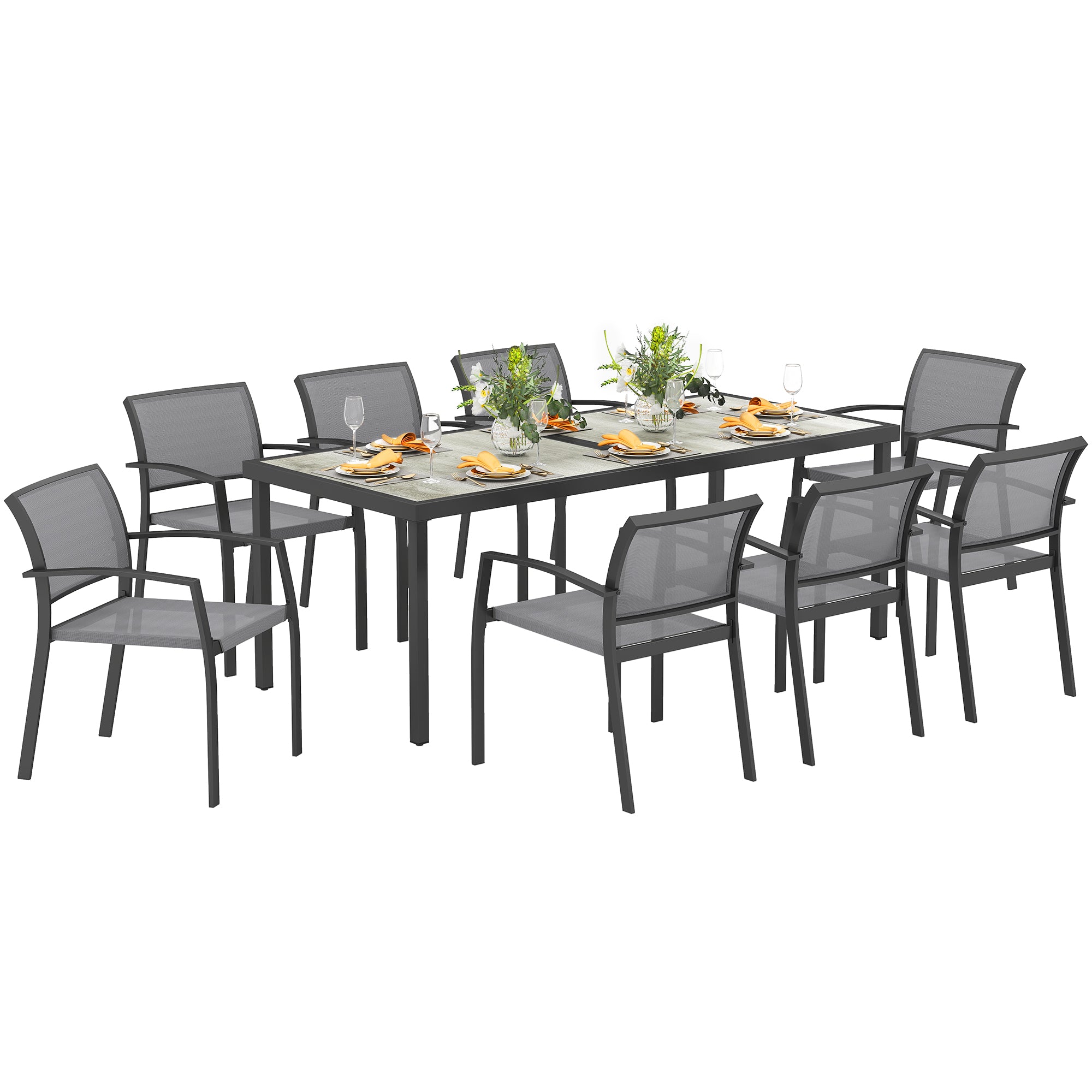 Garden Table Set with 9-Piece Chairs, Dining Set with PSPC Table Top, 8 Stackable Outdoor Chairs with Arms, Steel and Textilene Terrace Furniture Set, Gray