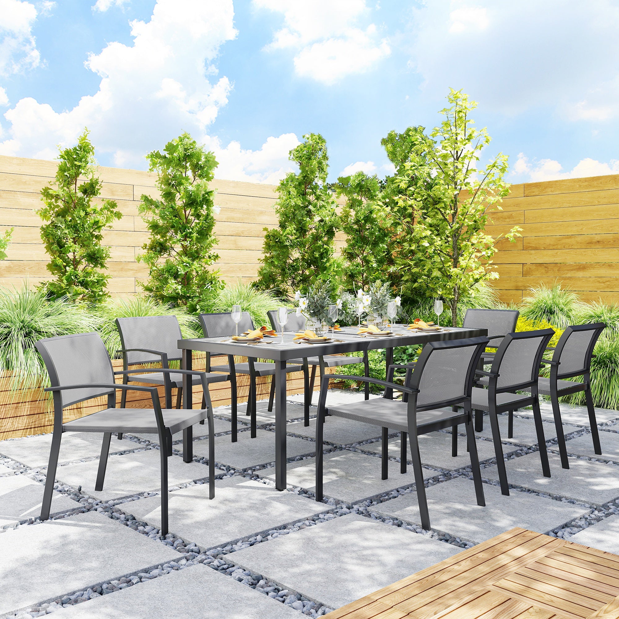 Garden Table Set with 9-Piece Chairs, Dining Set with PSPC Table Top, 8 Stackable Outdoor Chairs with Arms, Steel and Textilene Terrace Furniture Set, Gray