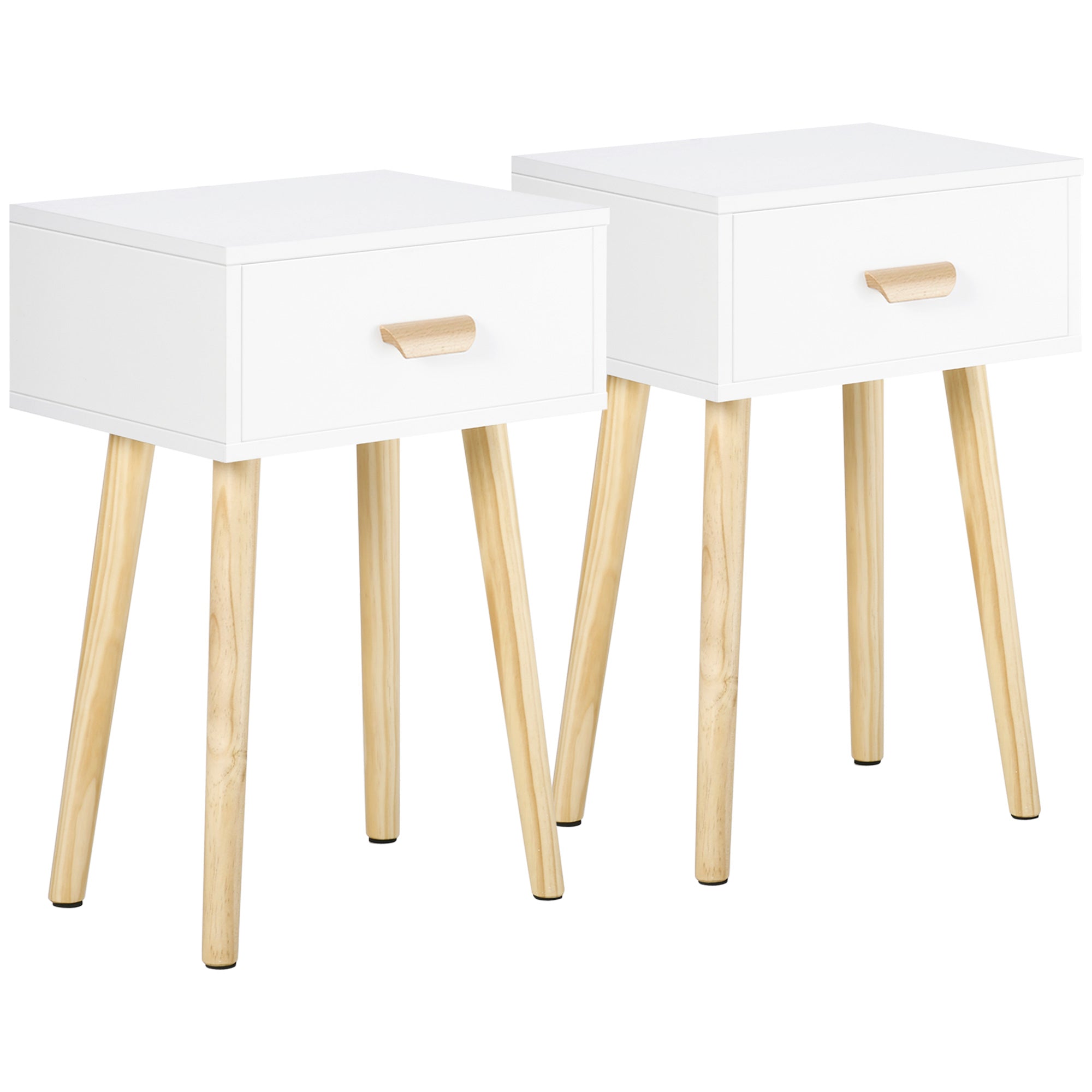 Set of 2 Bedside Tables Nightstands with Drawer and Wooden Legs for Bedroom Living Room Bed Office Modern Style 40.5x30.5x60 cm White