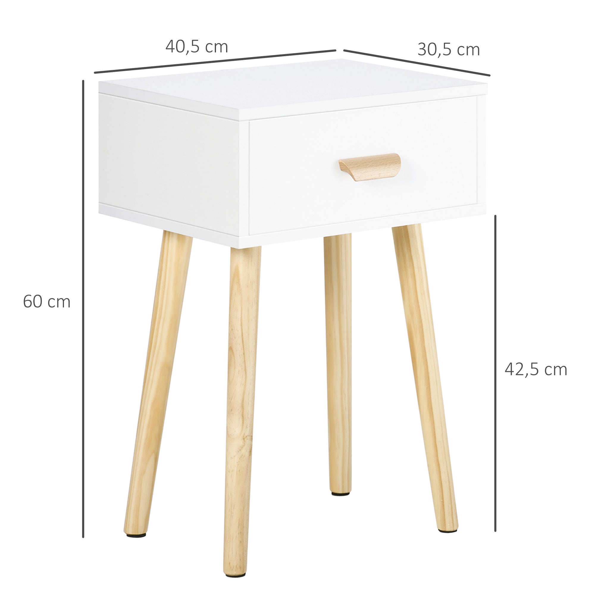 Set of 2 Bedside Tables Nightstands with Drawer and Wooden Legs for Bedroom Living Room Bed Office Modern Style 40.5x30.5x60 cm White