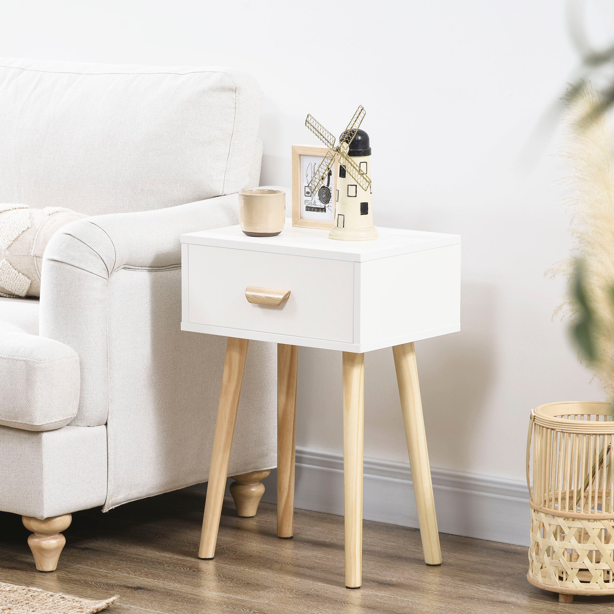 Set of 2 Bedside Tables Nightstands with Drawer and Wooden Legs for Bedroom Living Room Bed Office Modern Style 40.5x30.5x60 cm White