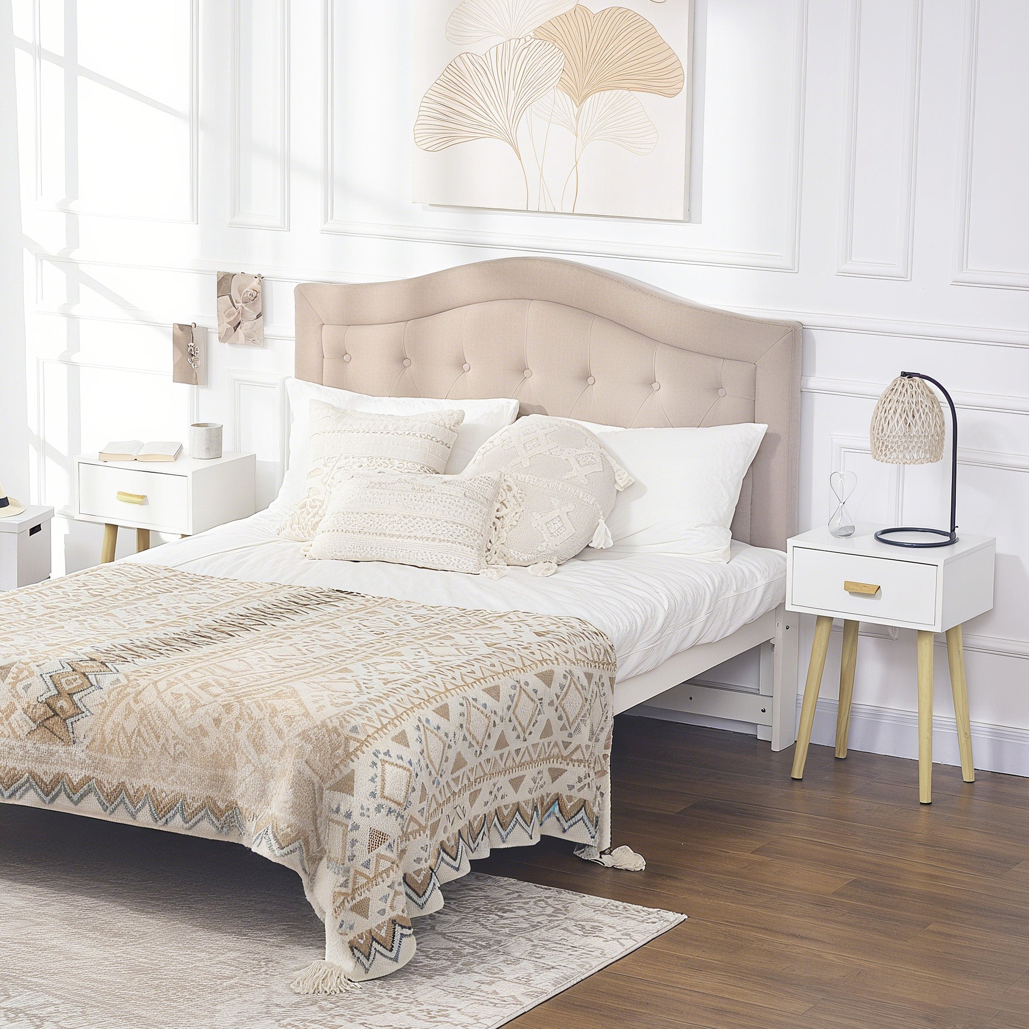 Set of 2 Bedside Tables Nightstands with Drawer and Wooden Legs for Bedroom Living Room Bed Office Modern Style 40.5x30.5x60 cm White