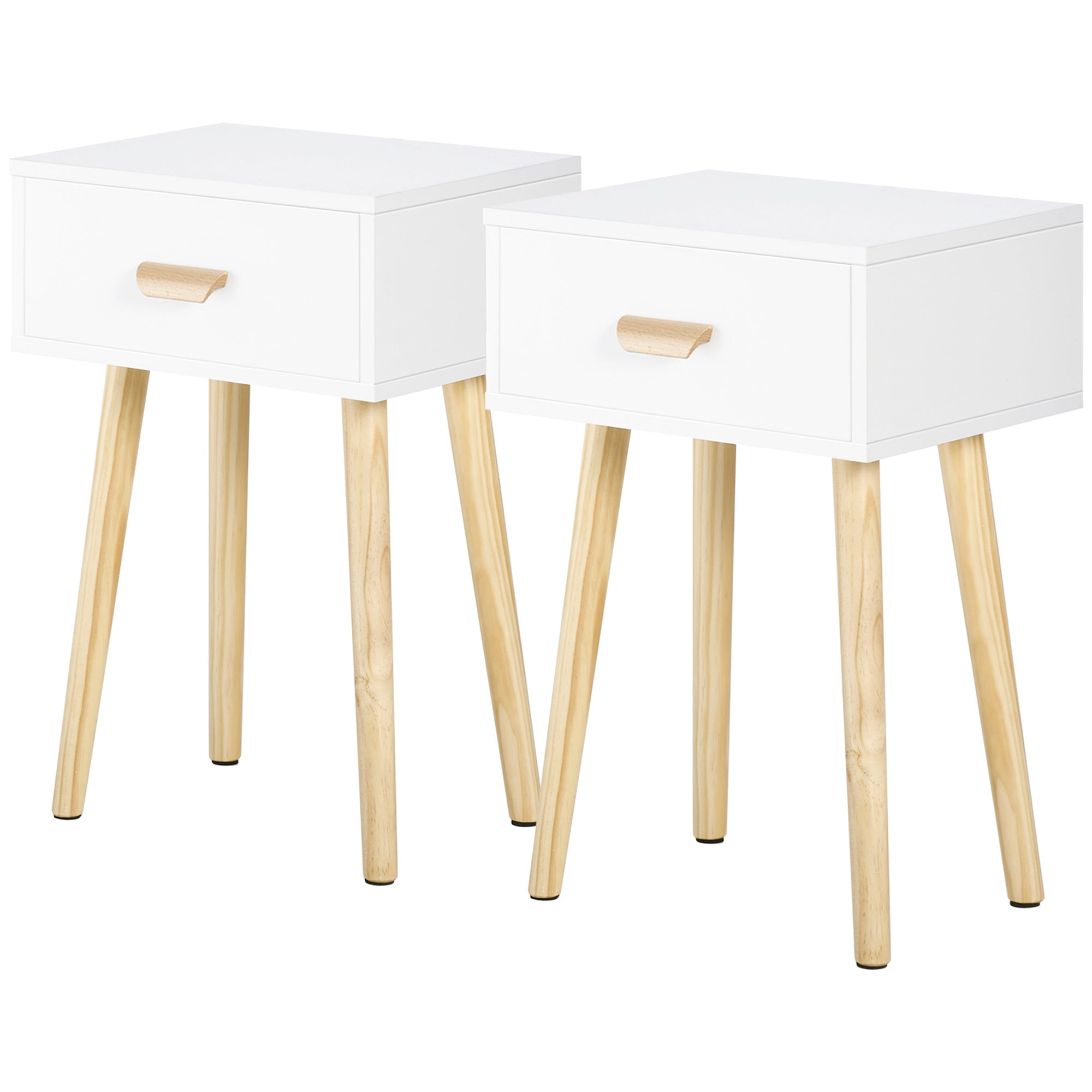 Set of 2 Bedside Tables Nightstands with Drawer and Wooden Legs for Bedroom Living Room Bed Office Modern Style 40.5x30.5x60 cm White