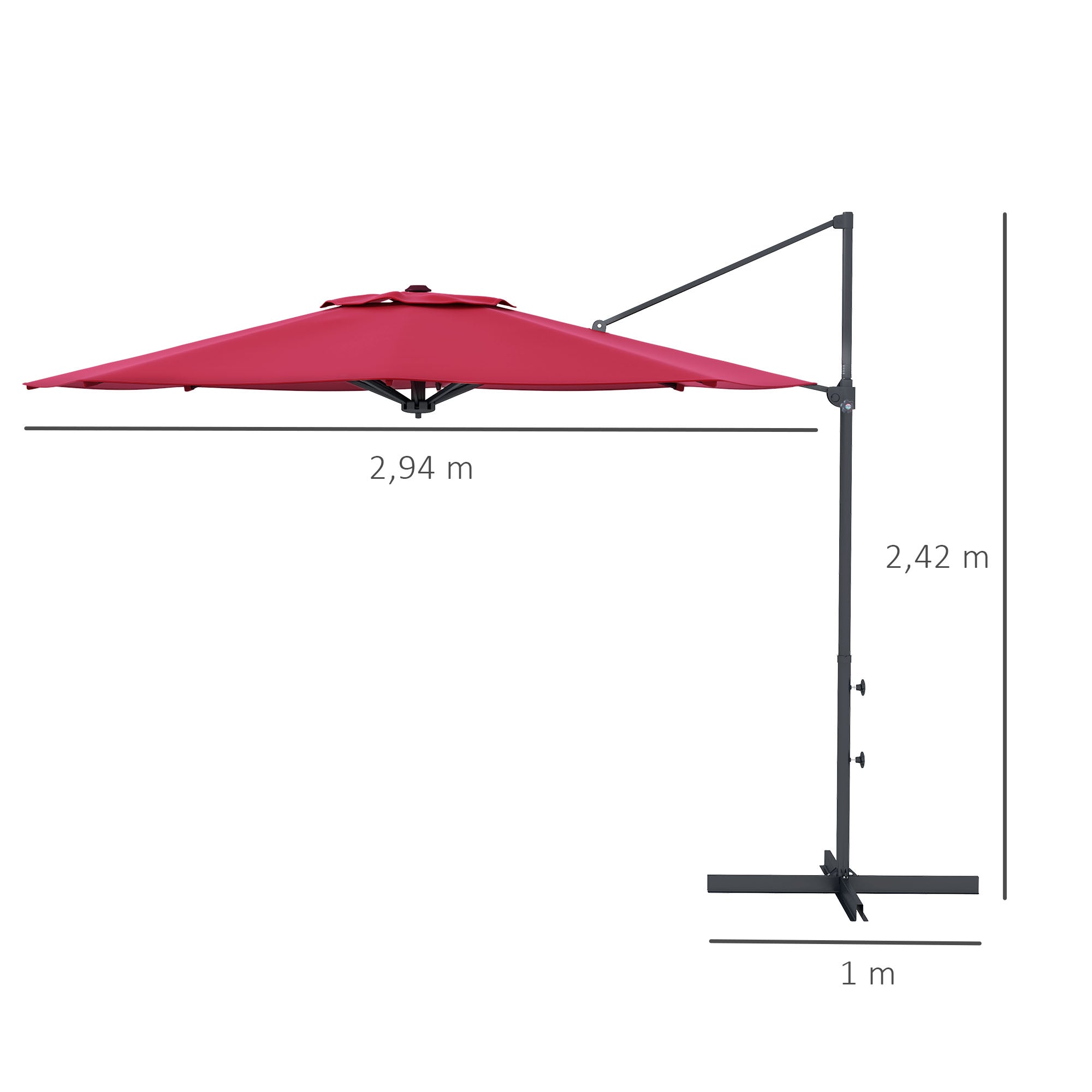 Garden Parasol Ø294x242 cm Terrace Umbrella with Adjustable Height 360° Rotating Pole Adjustable Roof Angle and Top Ventilation for Patio Pool Wine Red