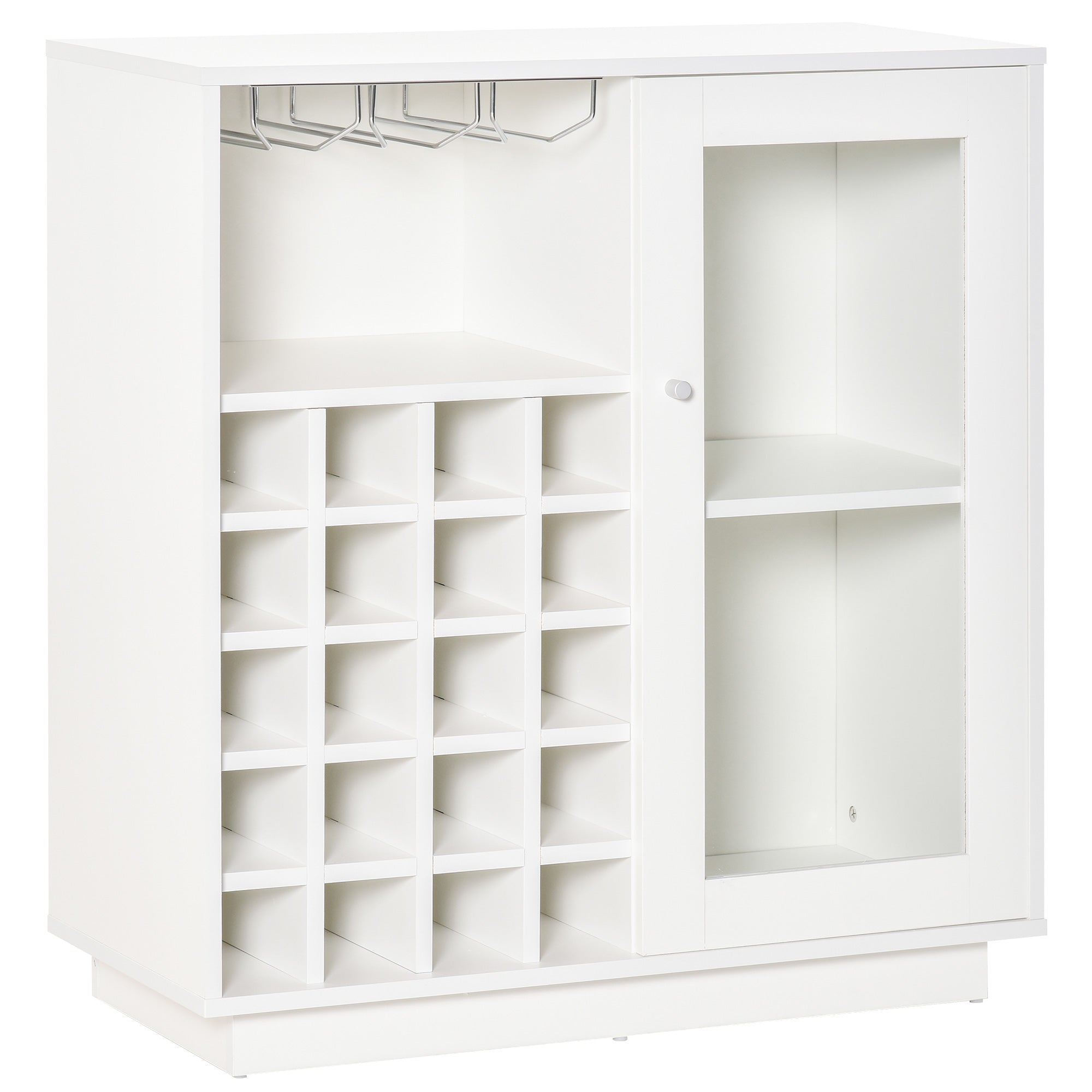 Wine Bottle Rack with Glass Holder and Cabinet, Wine Holder for 20 Bottles, Wine Cabinet with Glass Door, 80x36x85 cm, White