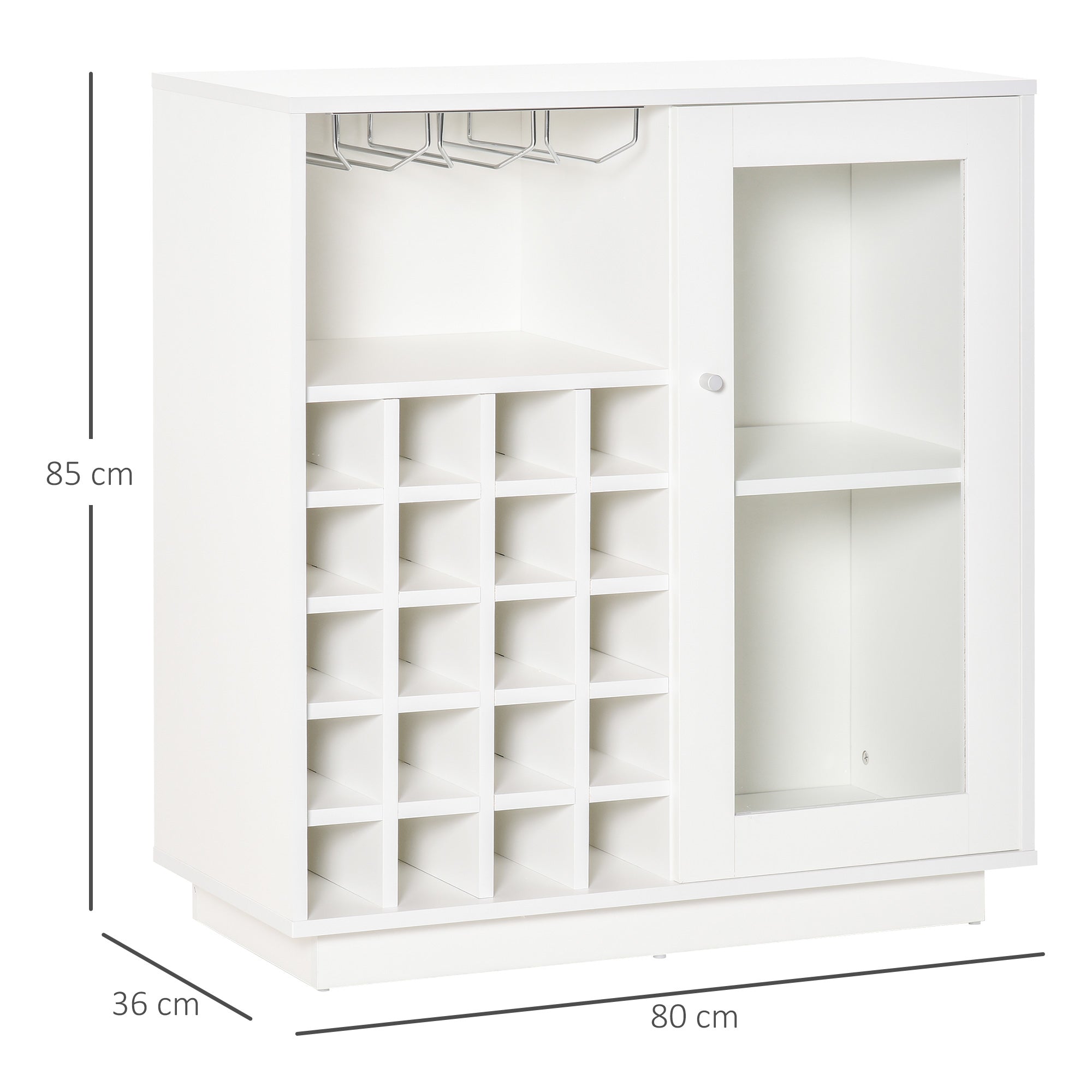 Wine Bottle Rack with Glass Holder and Cabinet, Wine Holder for 20 Bottles, Wine Cabinet with Glass Door, 80x36x85 cm, White