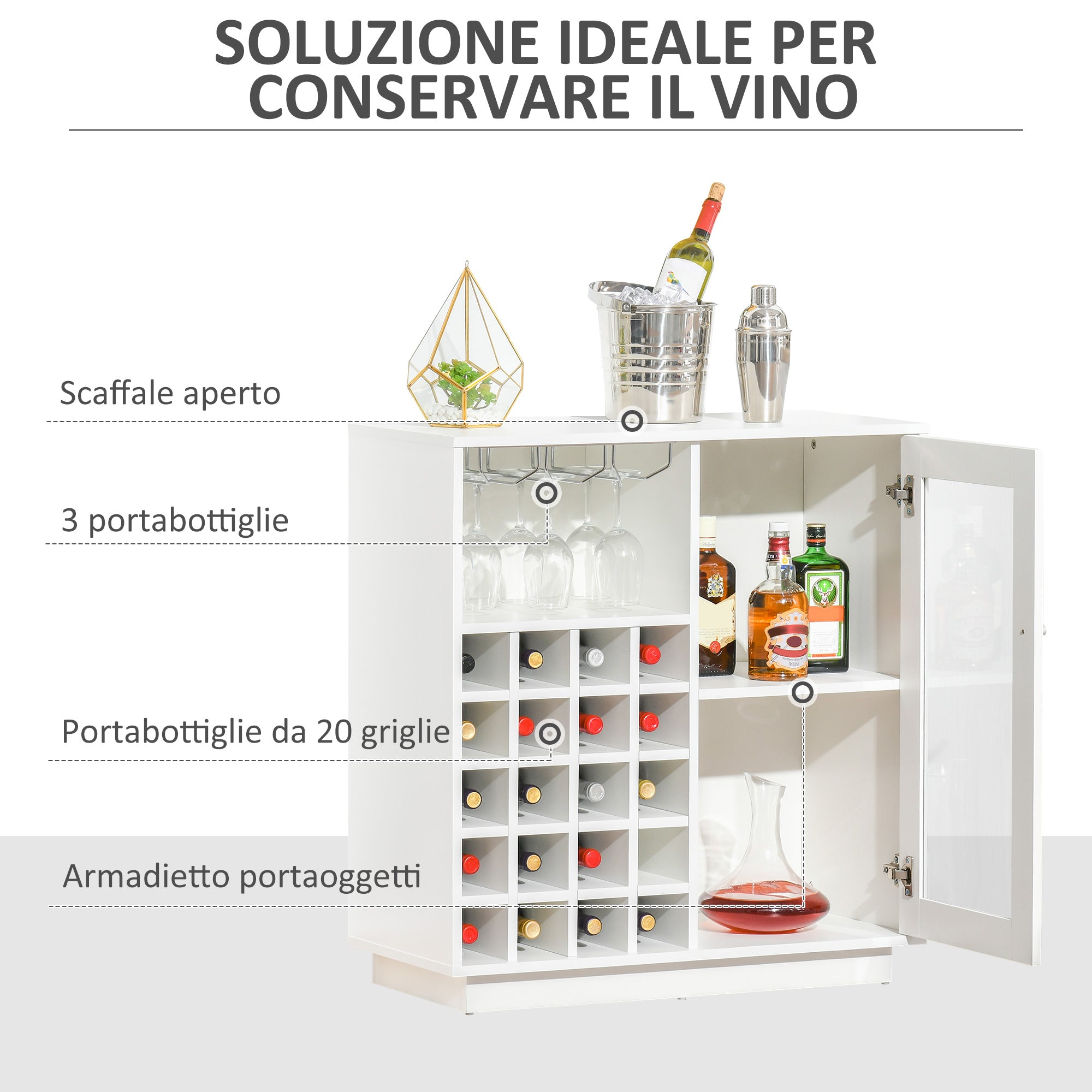 Wine Bottle Rack with Glass Holder and Cabinet, Wine Holder for 20 Bottles, Wine Cabinet with Glass Door, 80x36x85 cm, White