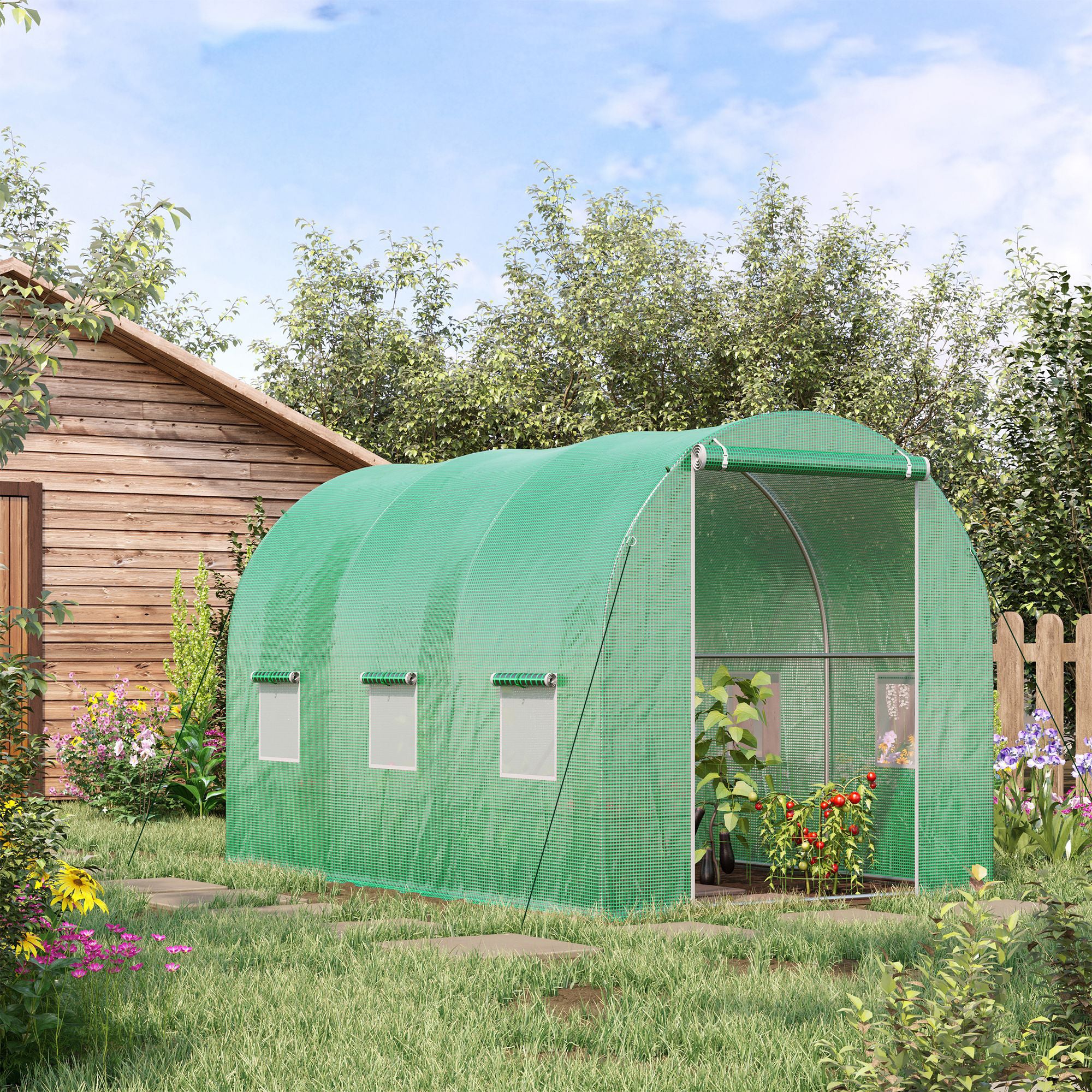 Garden Tunnel Greenhouse Ground Surface 6m² 3L x 2W x 2H m Reinforced Tubular Frame Zippered Door 6 Roll-Up Windows Green