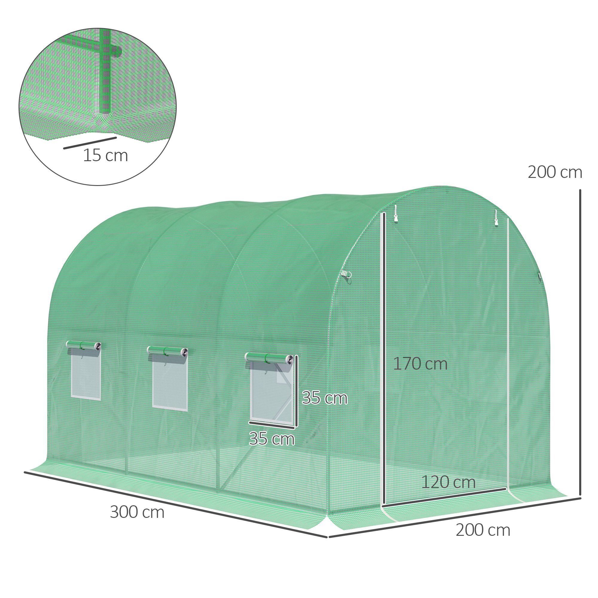Garden Tunnel Greenhouse Ground Surface 6m² 3L x 2W x 2H m Reinforced Tubular Frame Zippered Door 6 Roll-Up Windows Green