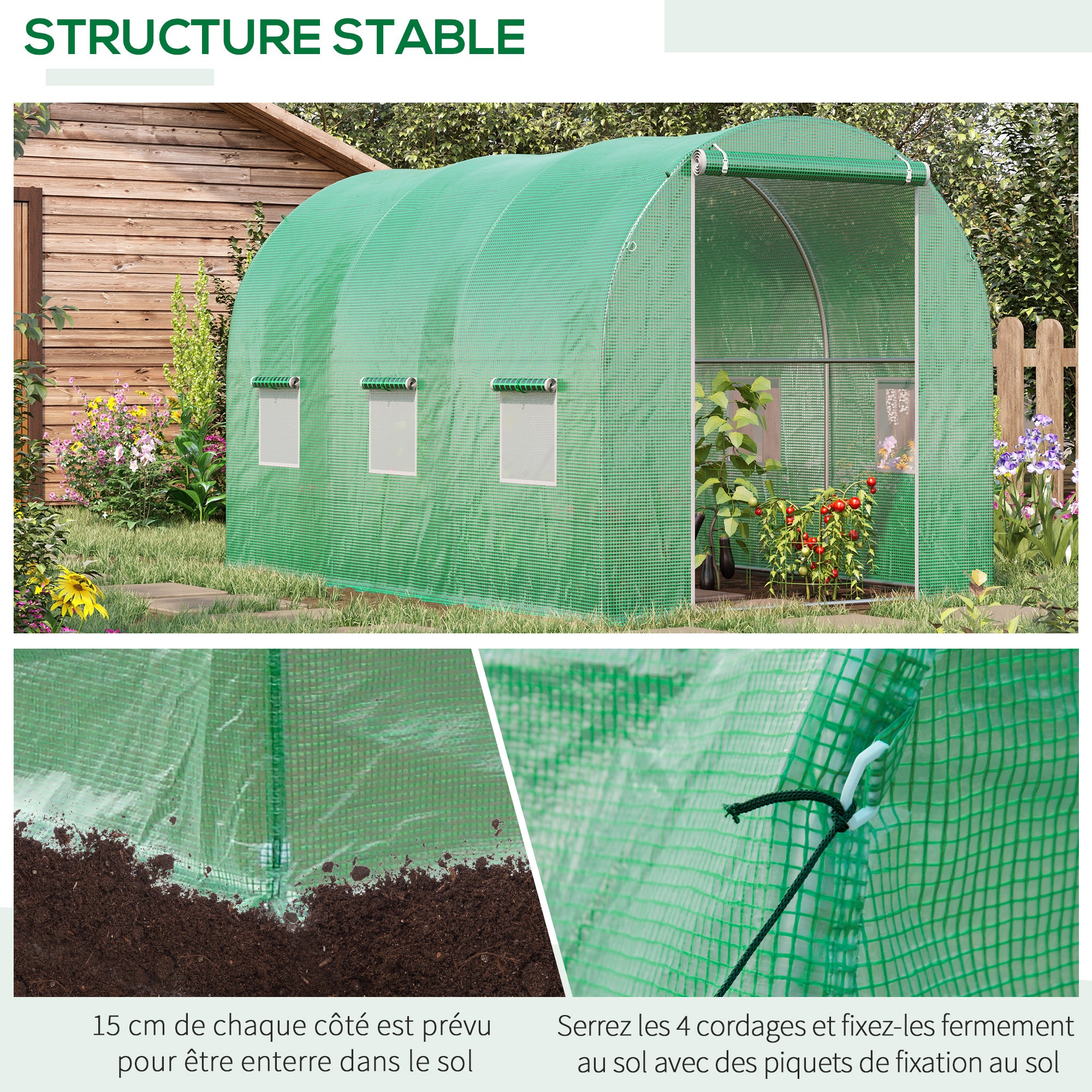 Garden Tunnel Greenhouse Ground Surface 6m² 3L x 2W x 2H m Reinforced Tubular Frame Zippered Door 6 Roll-Up Windows Green