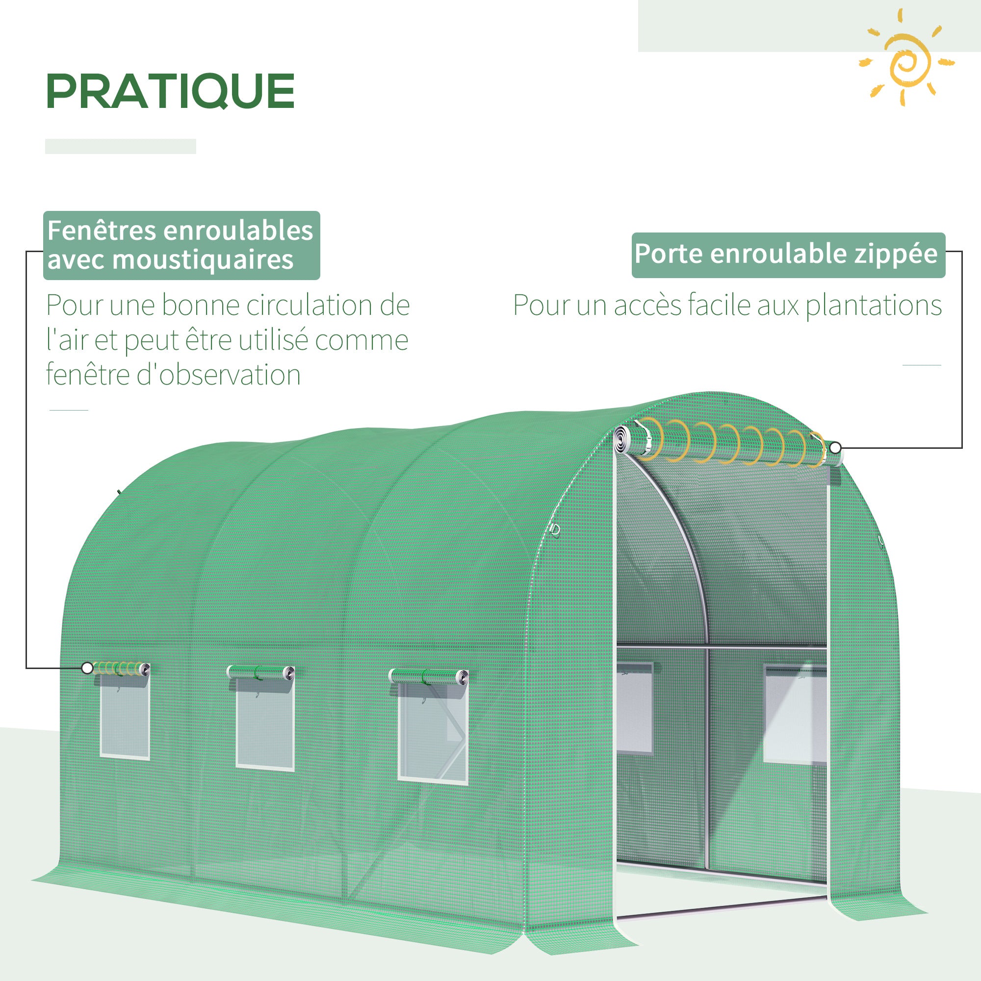 Garden Tunnel Greenhouse Ground Surface 6m² 3L x 2W x 2H m Reinforced Tubular Frame Zippered Door 6 Roll-Up Windows Green