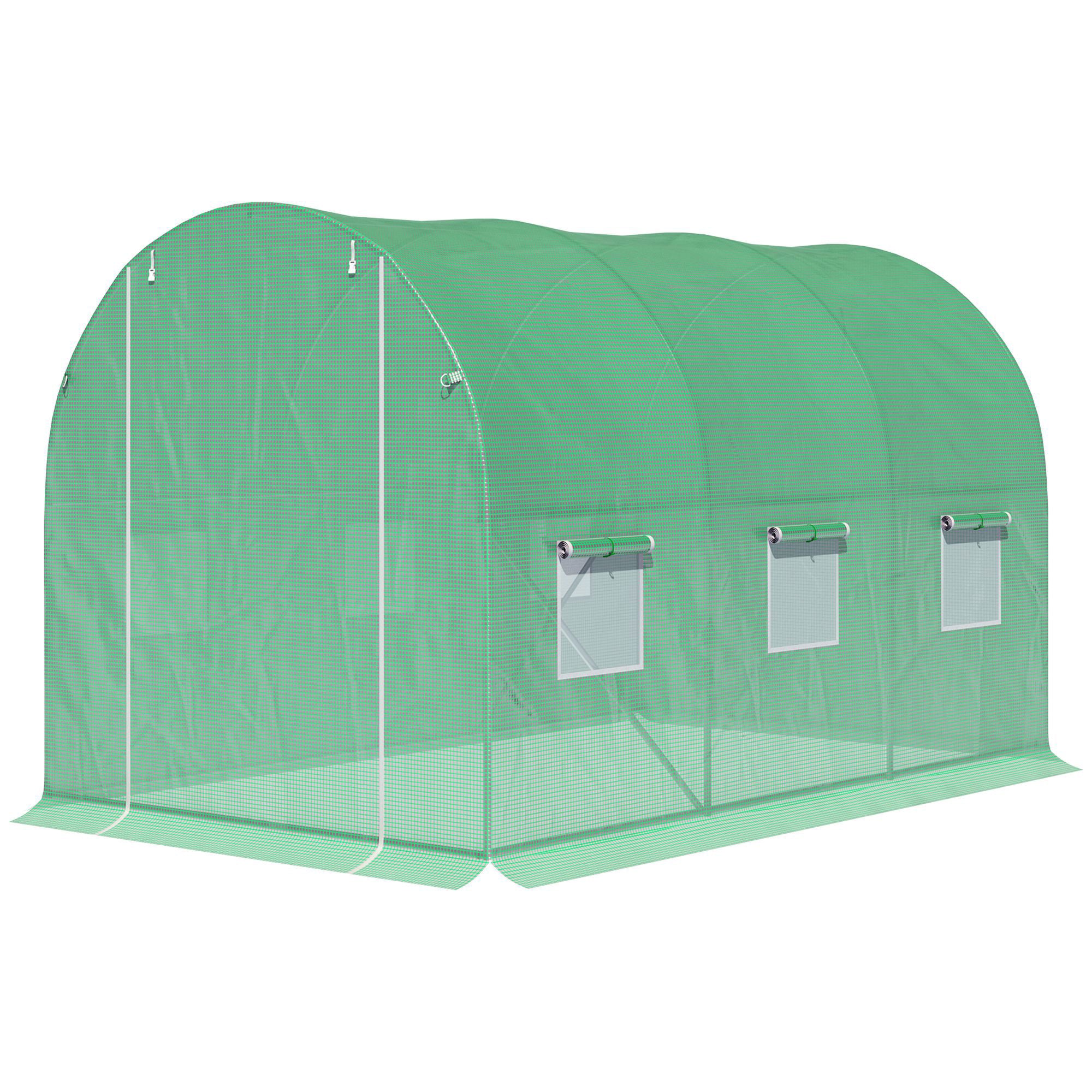 Garden Tunnel Greenhouse Ground Surface 6m² 3L x 2W x 2H m Reinforced Tubular Frame Zippered Door 6 Roll-Up Windows Green