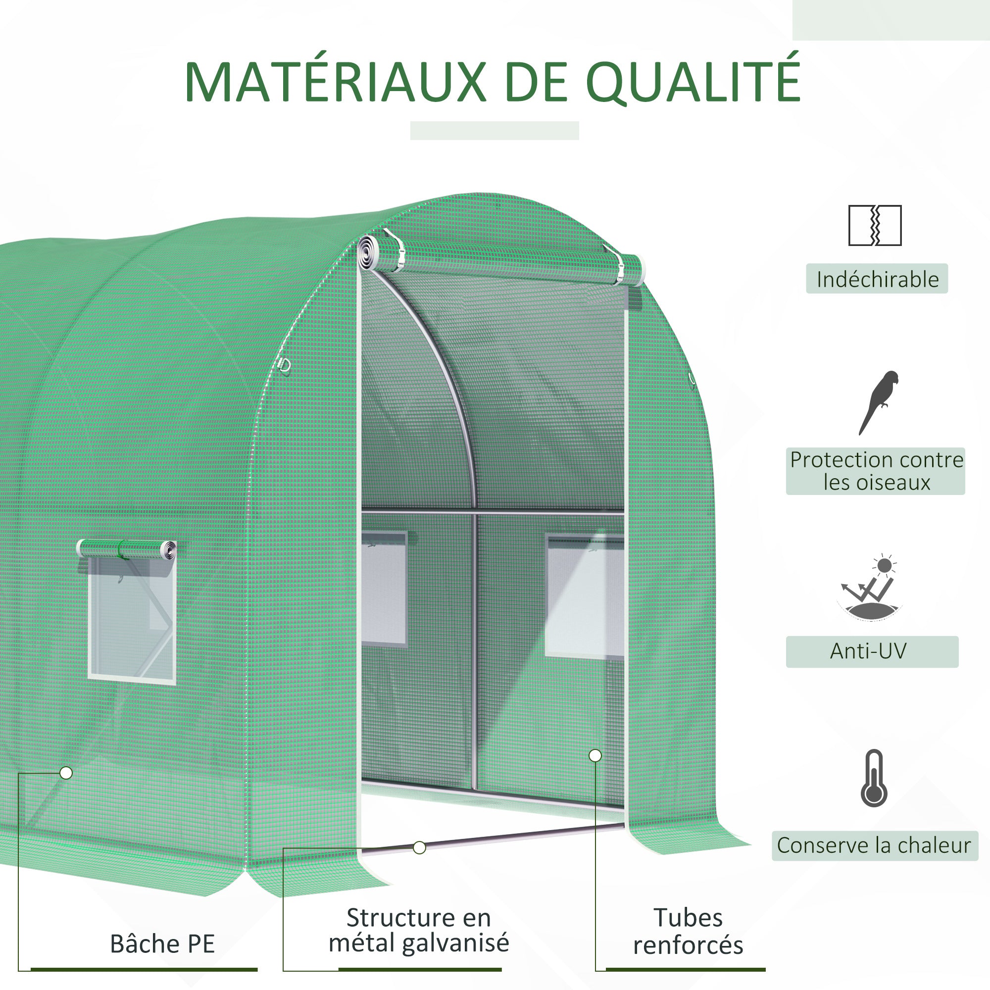 Garden Tunnel Greenhouse Ground Surface 6m² 3L x 2W x 2H m Reinforced Tubular Frame Zippered Door 6 Roll-Up Windows Green