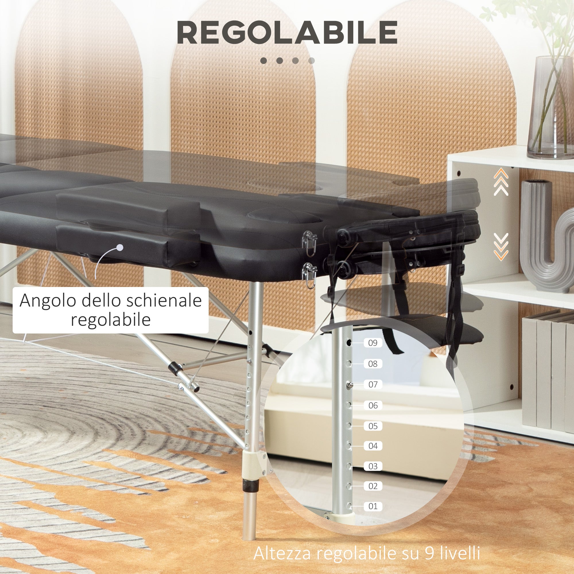 Foldable Massage Bed with Adjustable Height, Professional Massage Bed in Aluminum and Plastic, 215x81x61-84 cm, Black