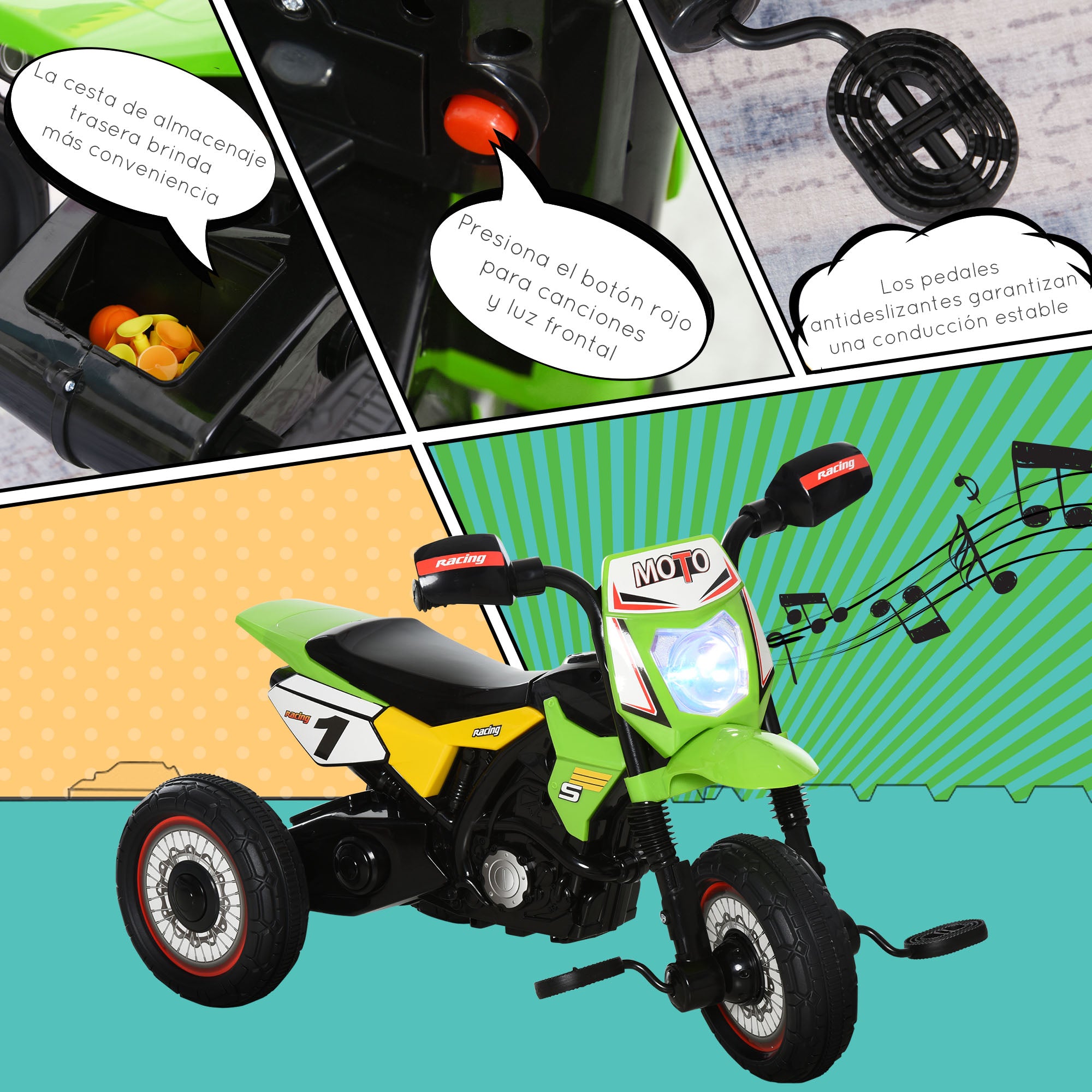 Kids Motorcycle Ride-On for 18-36 Months Children Tricycle for Kids Children's Tricycle with 3 Wheels Lights and Music Load 20 kg 71x40x51 cm Green