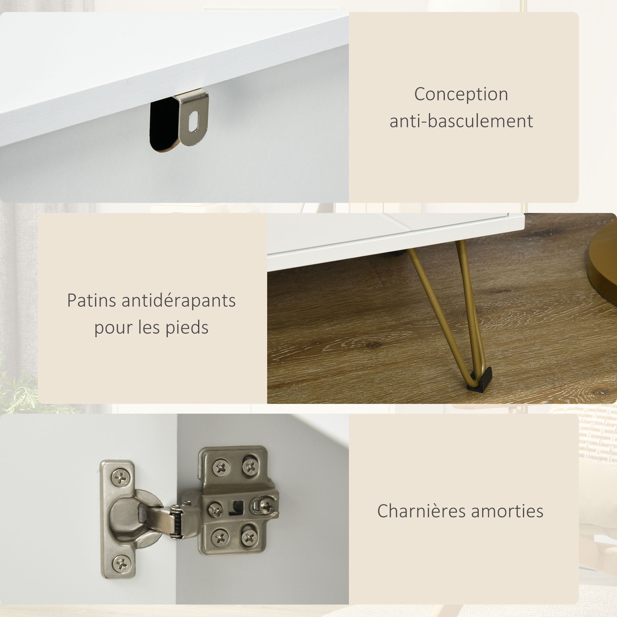 Storage Buffet Cabinet with Hairpin Legs - 2 Doors and 2 Adjustable Shelves - 80 x 40 x 80 cm - White Gold